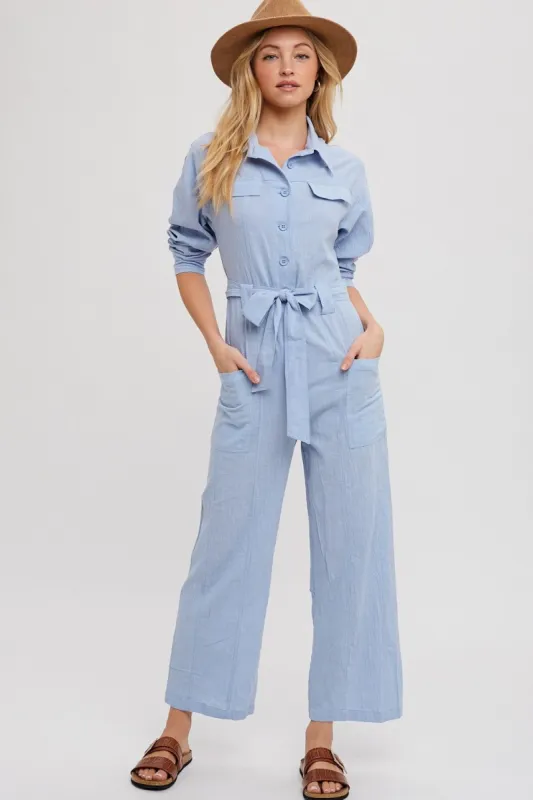 Chambray Button Down Tie-Waist Shirt Jumpsuit sold by Pinkblush