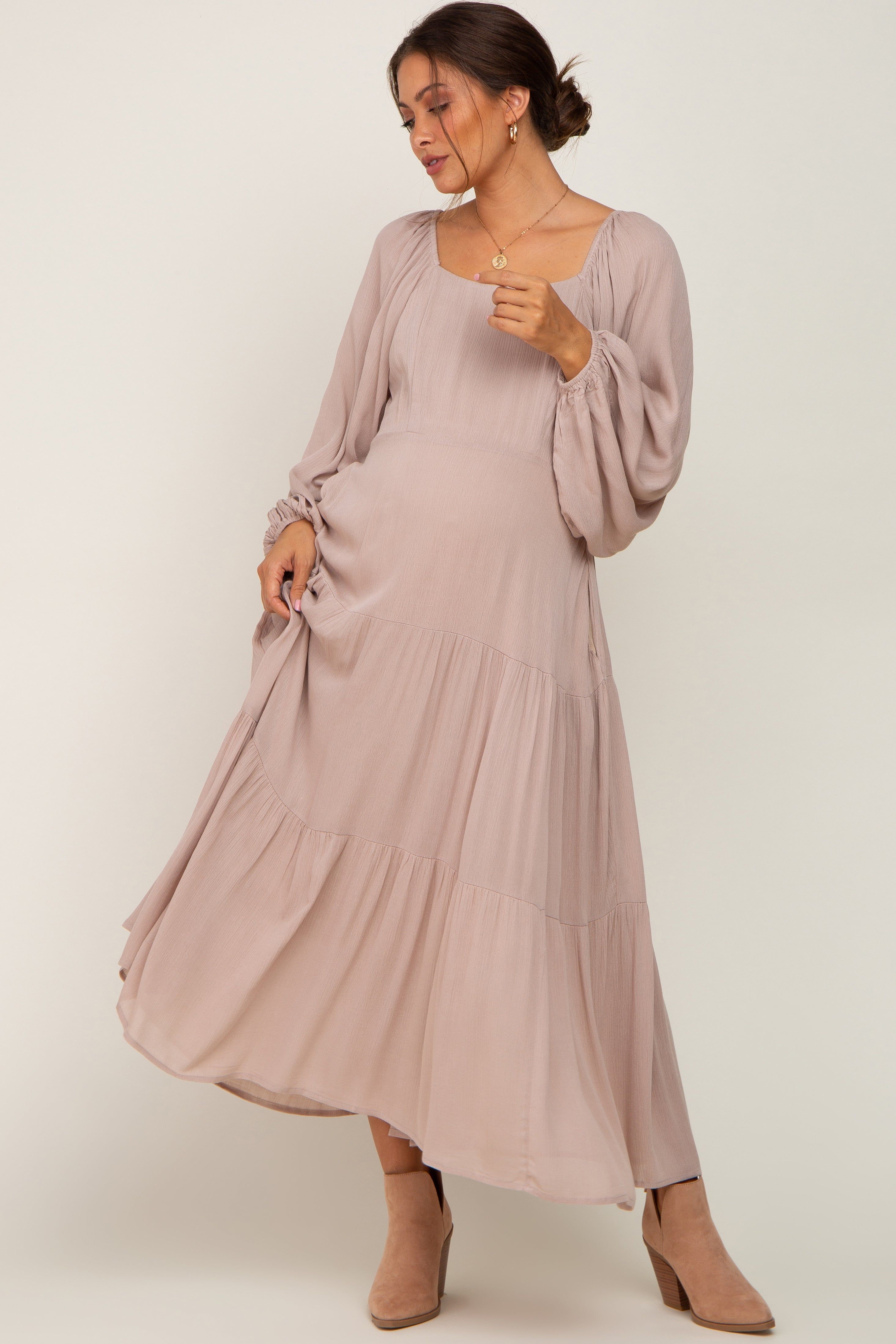 Taupe Tiered Maternity Midi Dress sold by Pinkblush product image thumbnail 5