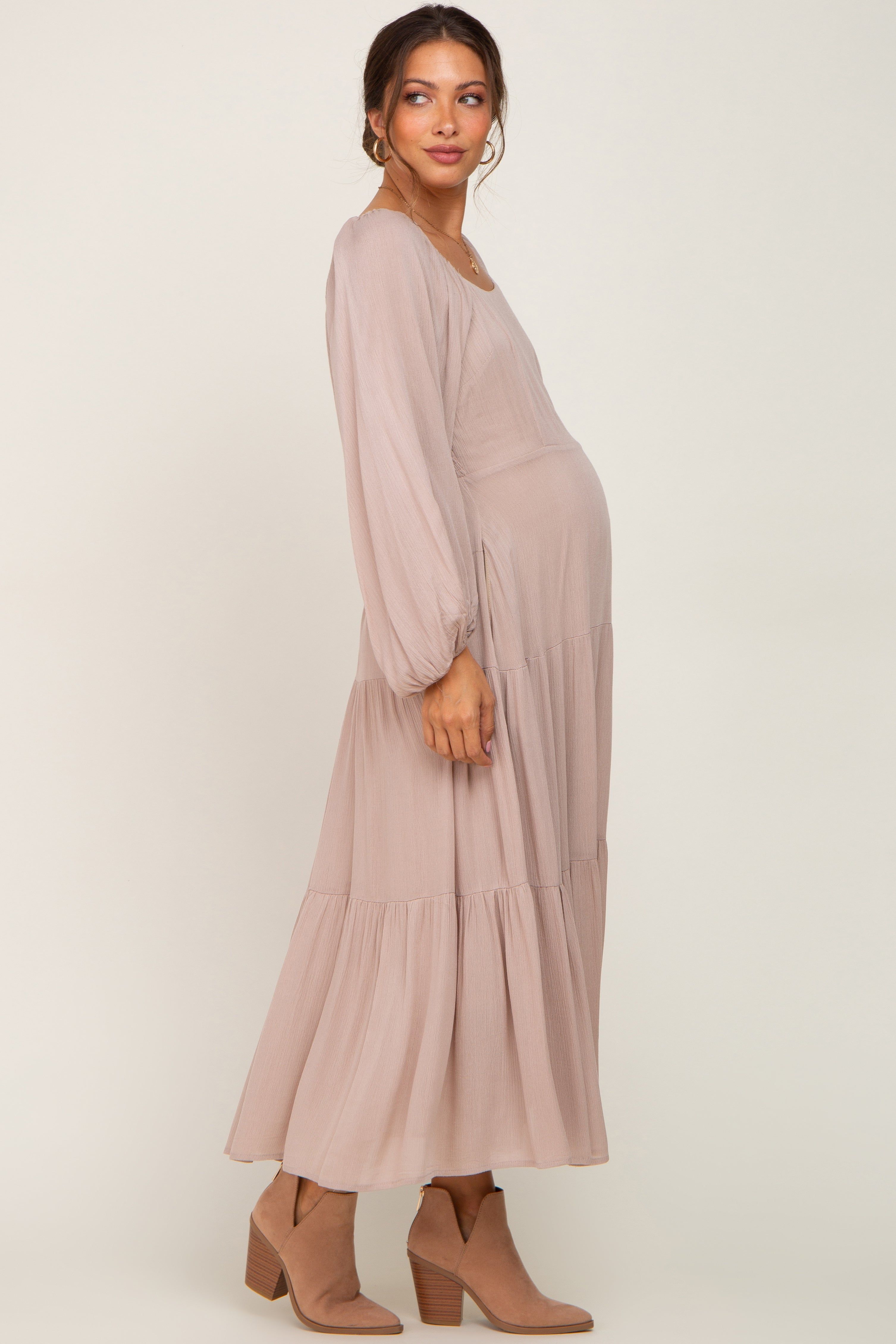 Taupe Tiered Maternity Midi Dress sold by Pinkblush product image thumbnail 2