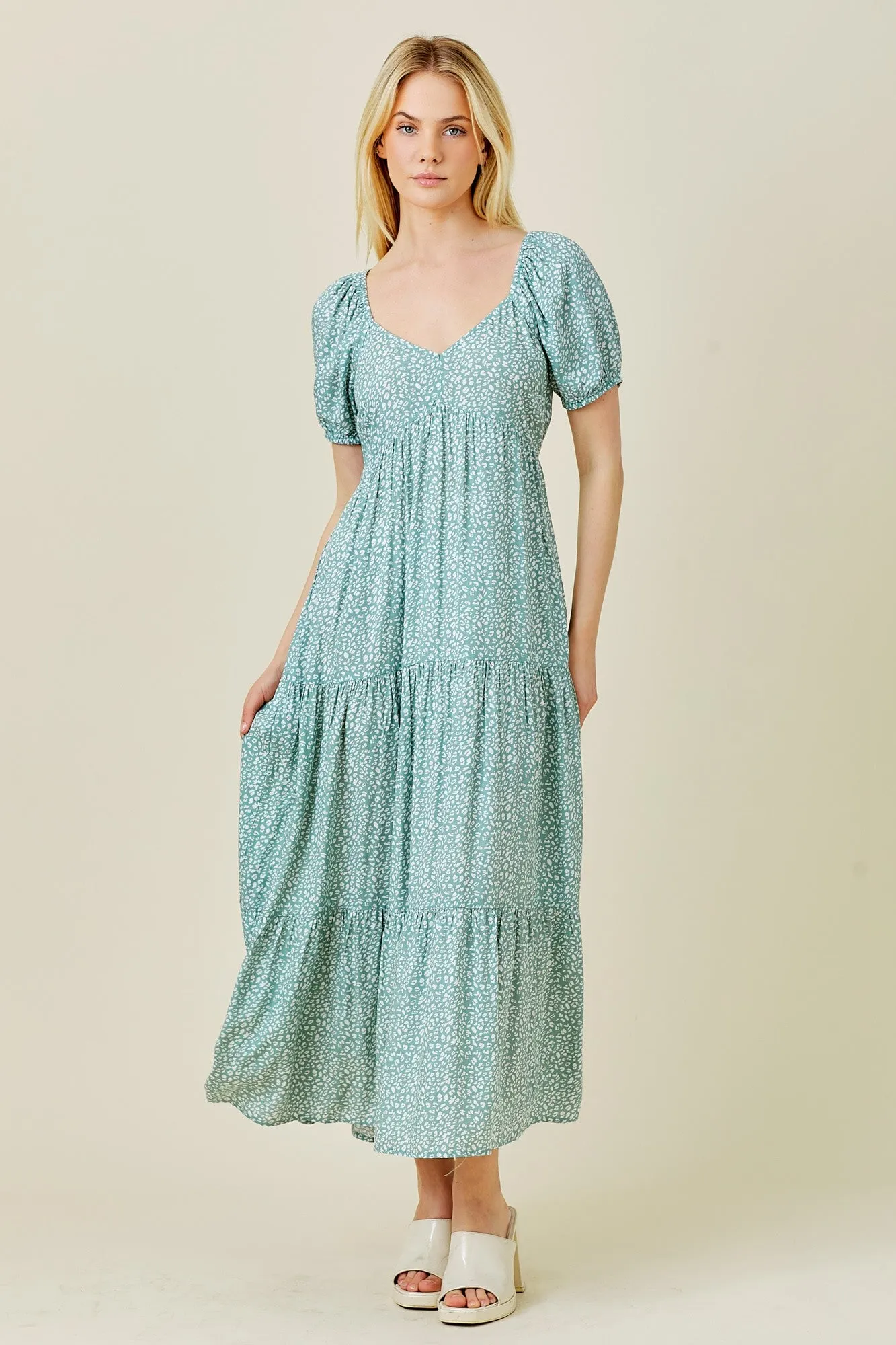 Mint Green Animal Print Tiered Midi Dress sold by Pinkblush