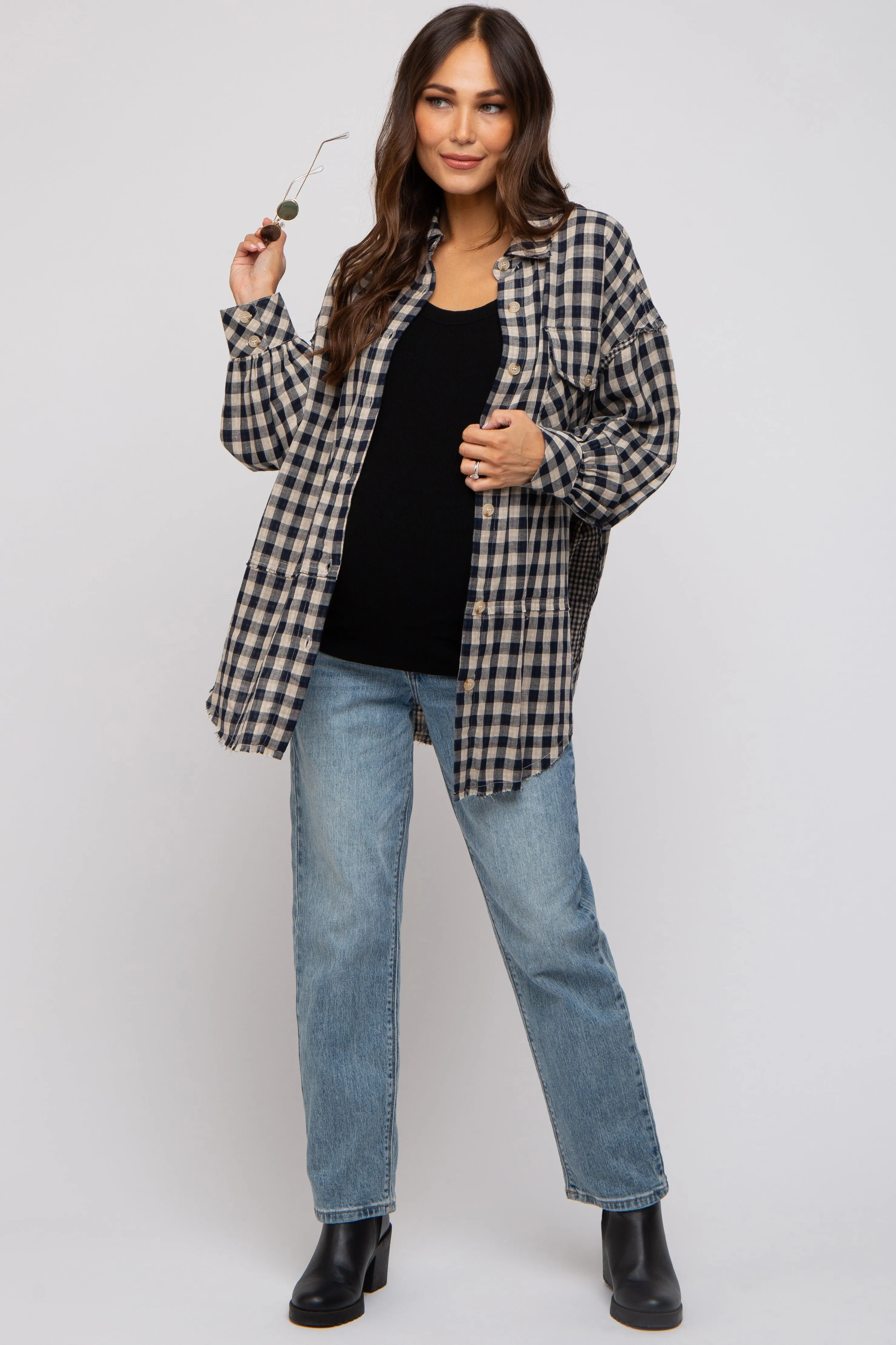 Navy Mixed Plaid Fringe Maternity Button Down Top sold by Pinkblush