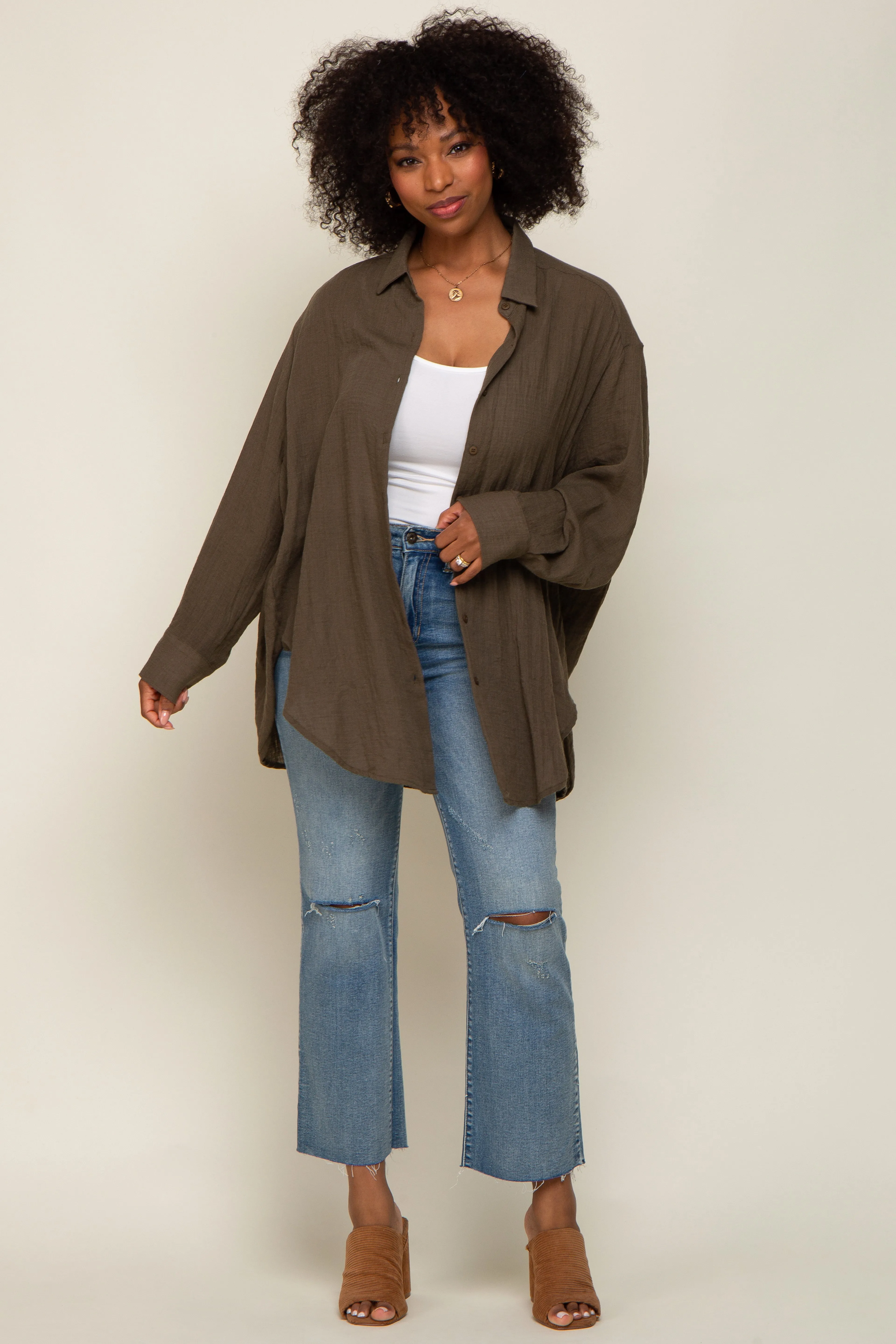 Brown Lightweight Sheer Button Down Blouse sold by Pinkblush product image thumbnail 5