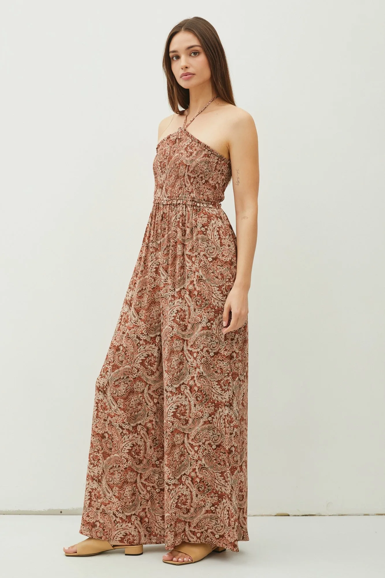 Rust Print Back Cutout Smocked Halter Wide Leg Jumpsuit sold by Pinkblush product image thumbnail 2