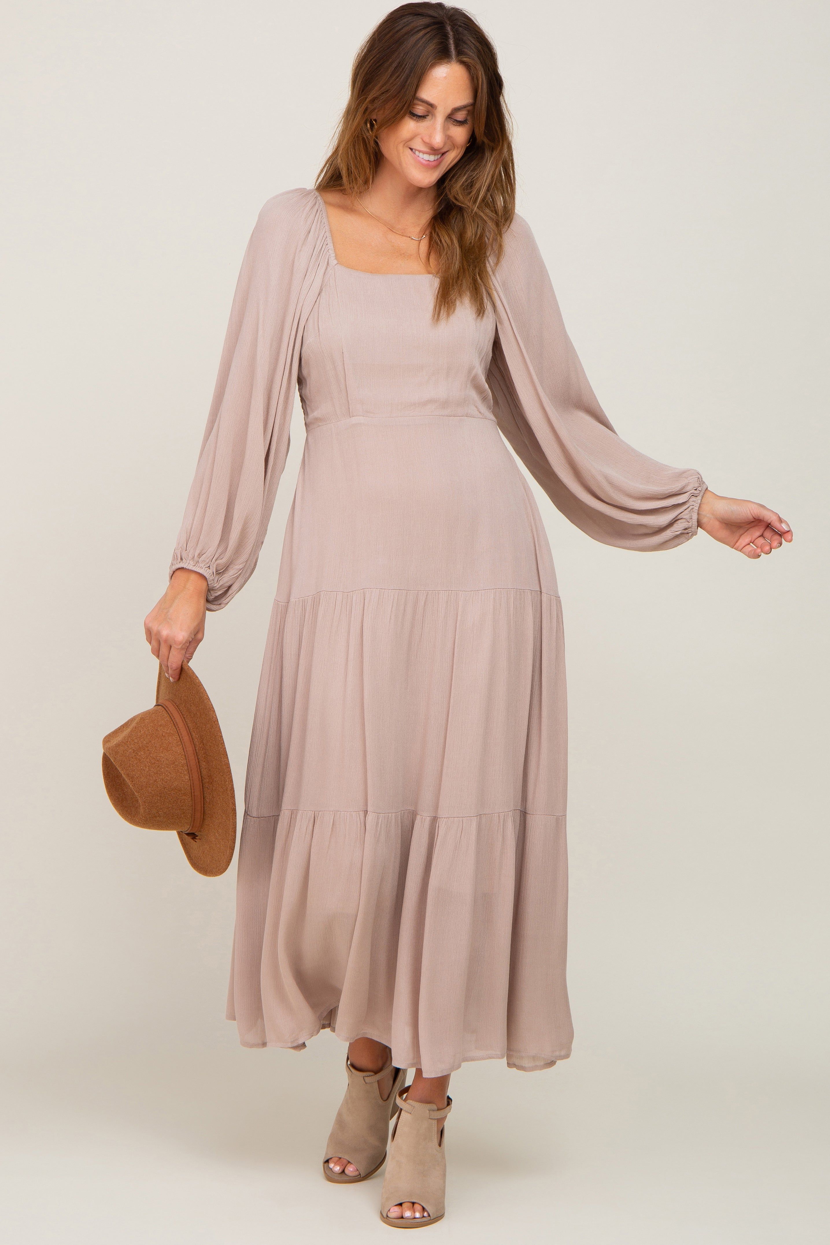 Taupe Tiered Maternity Midi Dress sold by Pinkblush product image thumbnail 6