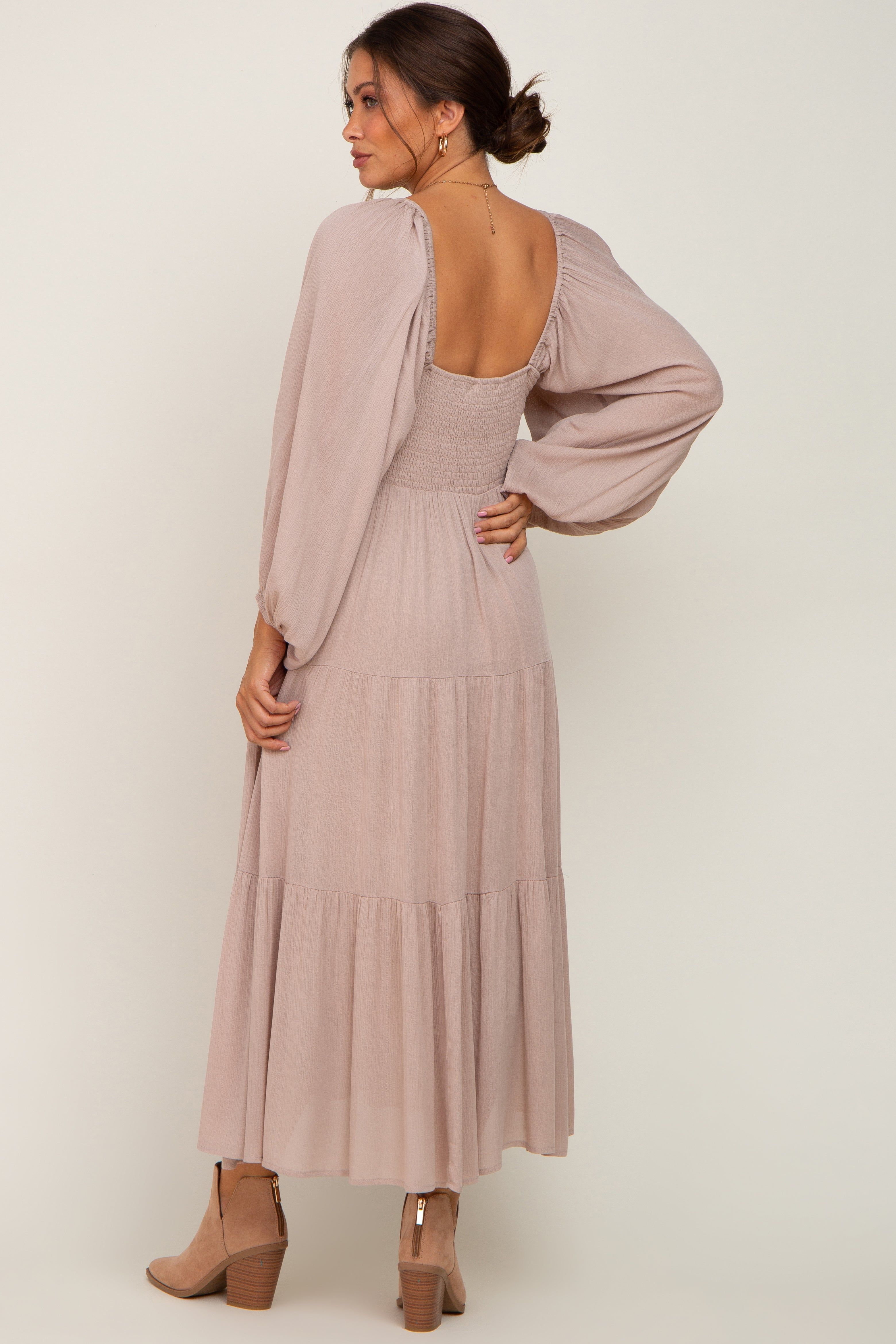 Taupe Tiered Maternity Midi Dress sold by Pinkblush product image thumbnail 3