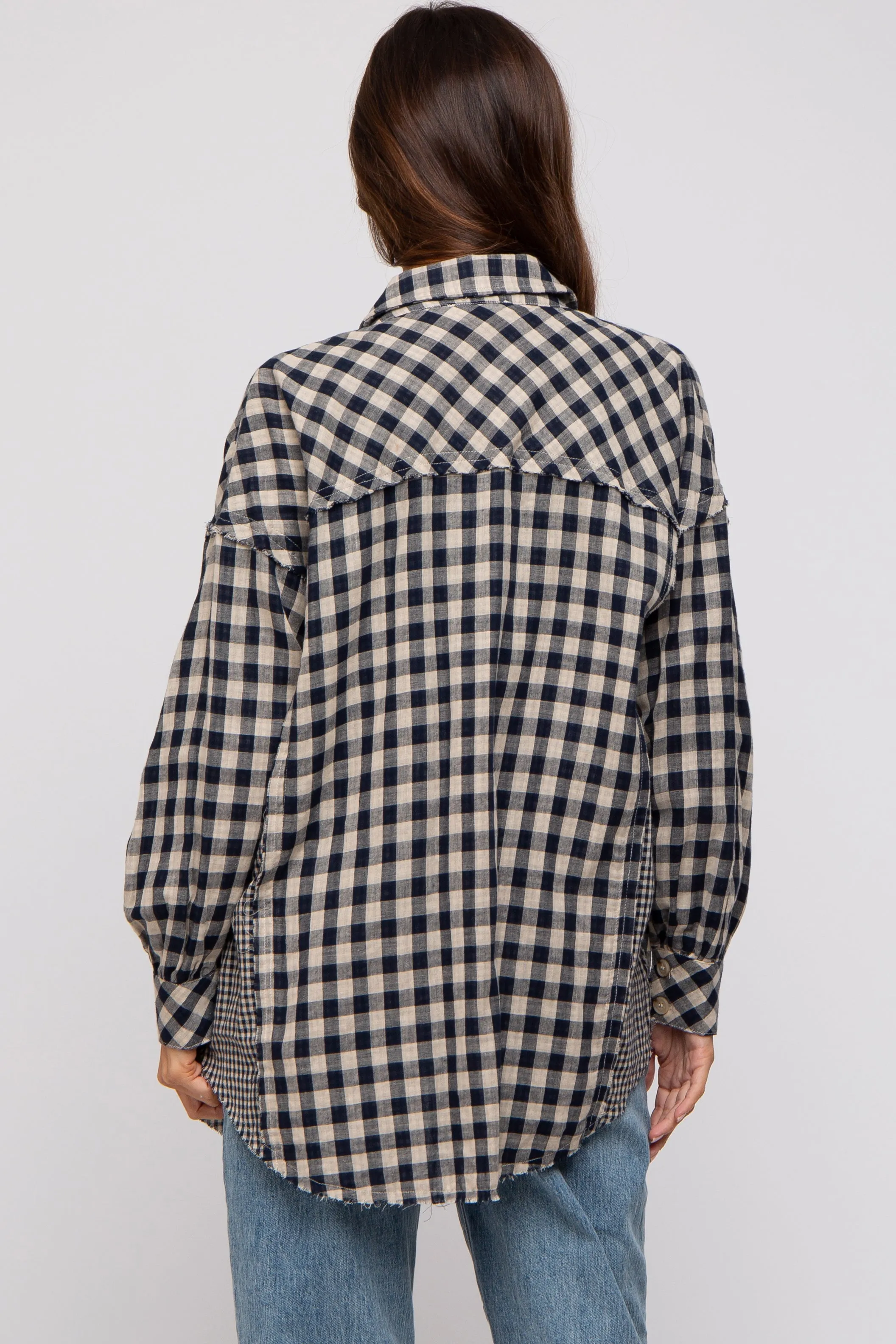Navy Mixed Plaid Fringe Maternity Button Down Top sold by Pinkblush product image thumbnail 5