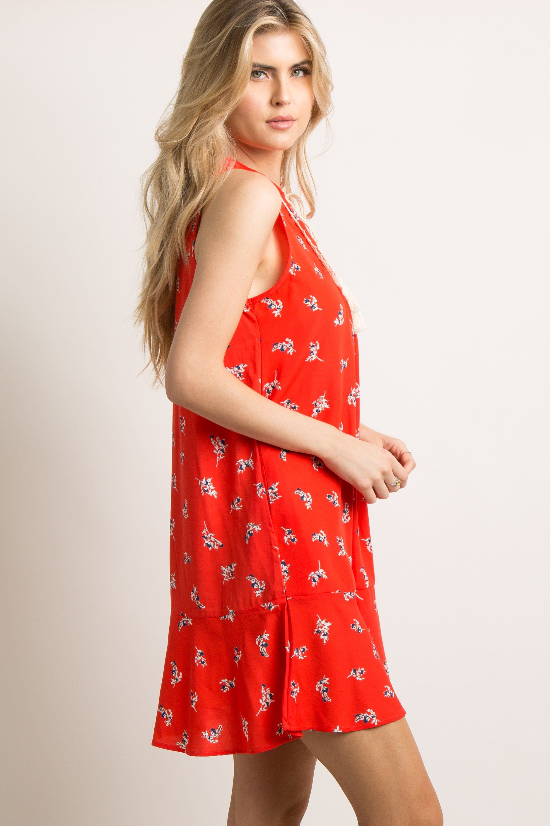 Red Floral Crochet Tassel Tie Shift Dress sold by Pinkblush product image thumbnail 2