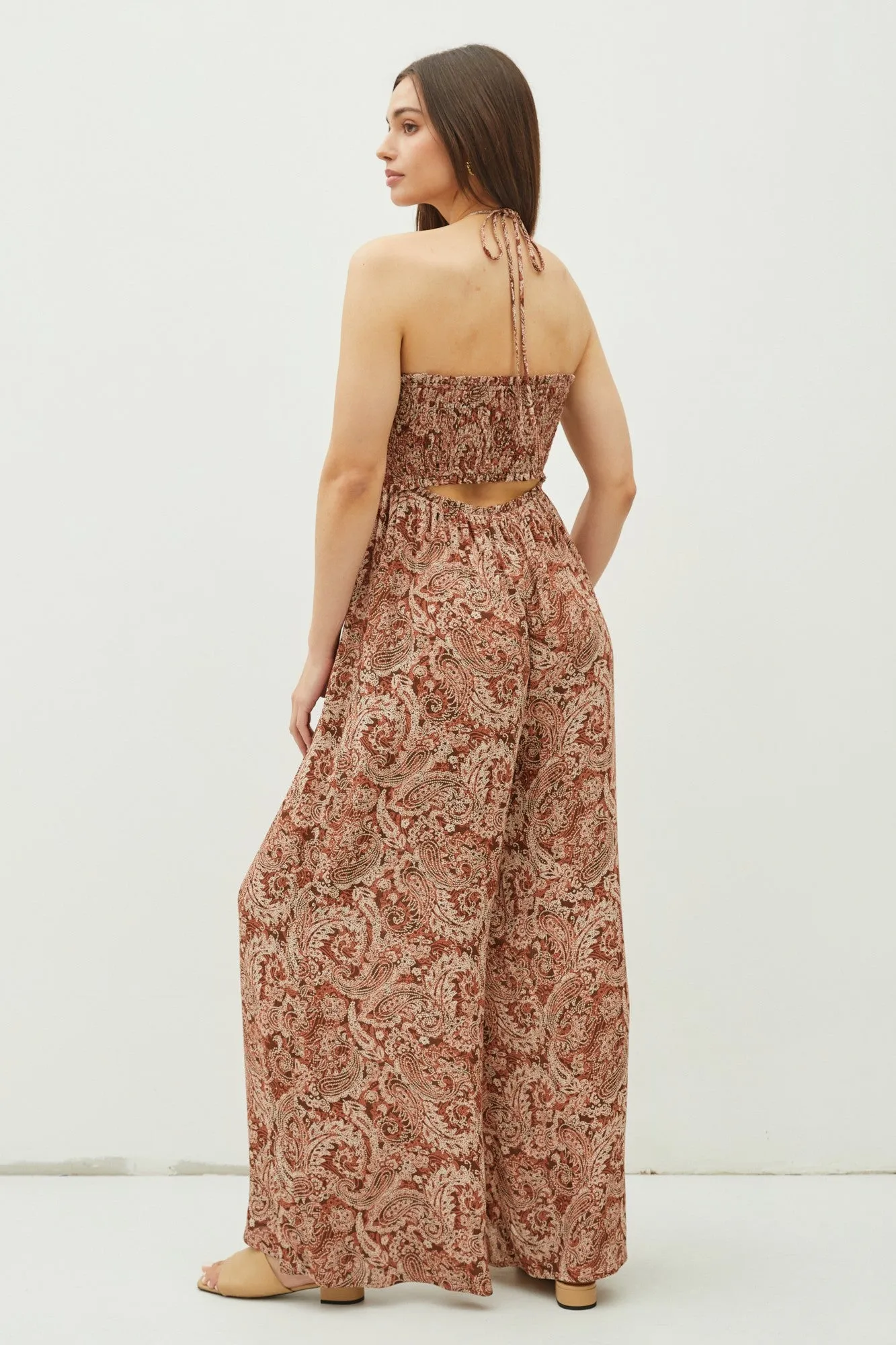 Rust Print Back Cutout Smocked Halter Wide Leg Jumpsuit sold by Pinkblush product image thumbnail 3