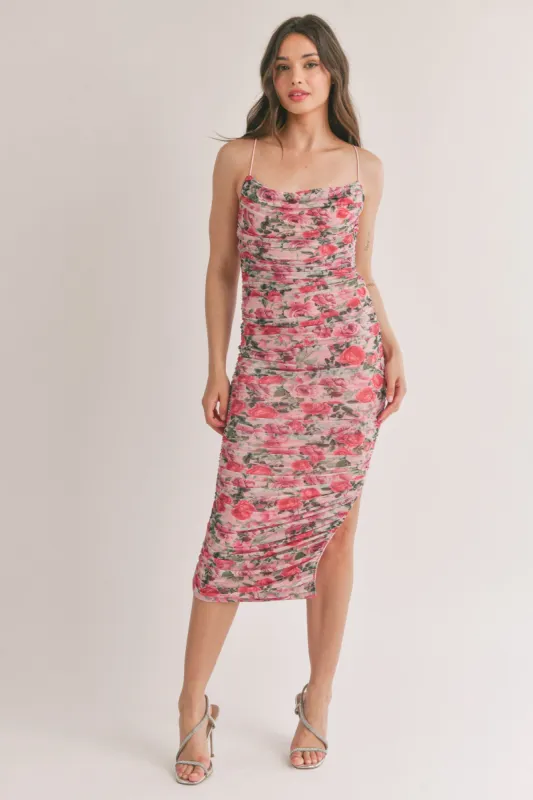 Pink Floral Mesh Ruched Criss Cross Back Midi Dress sold by Pinkblush