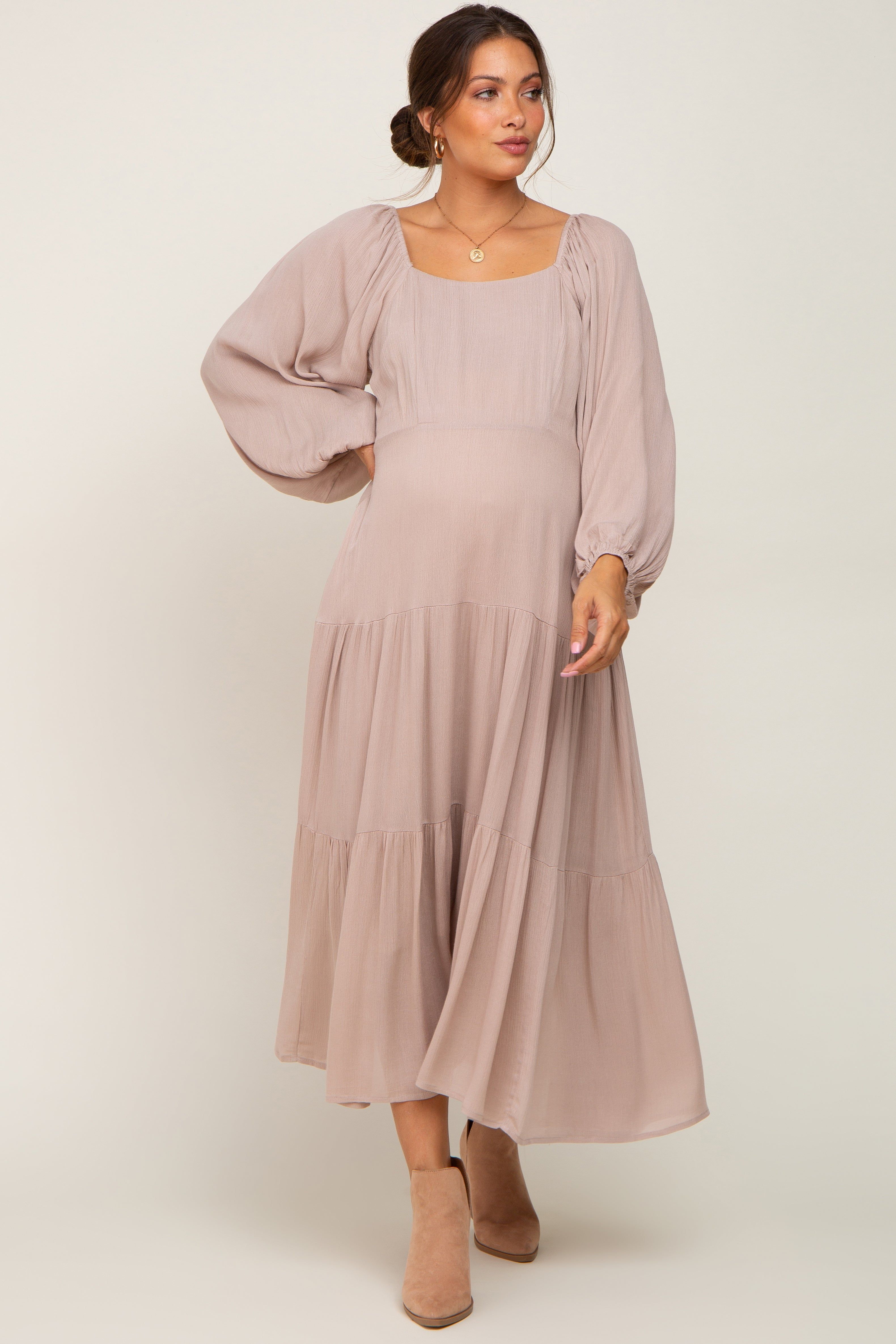 Taupe Tiered Maternity Midi Dress sold by Pinkblush product image thumbnail 4