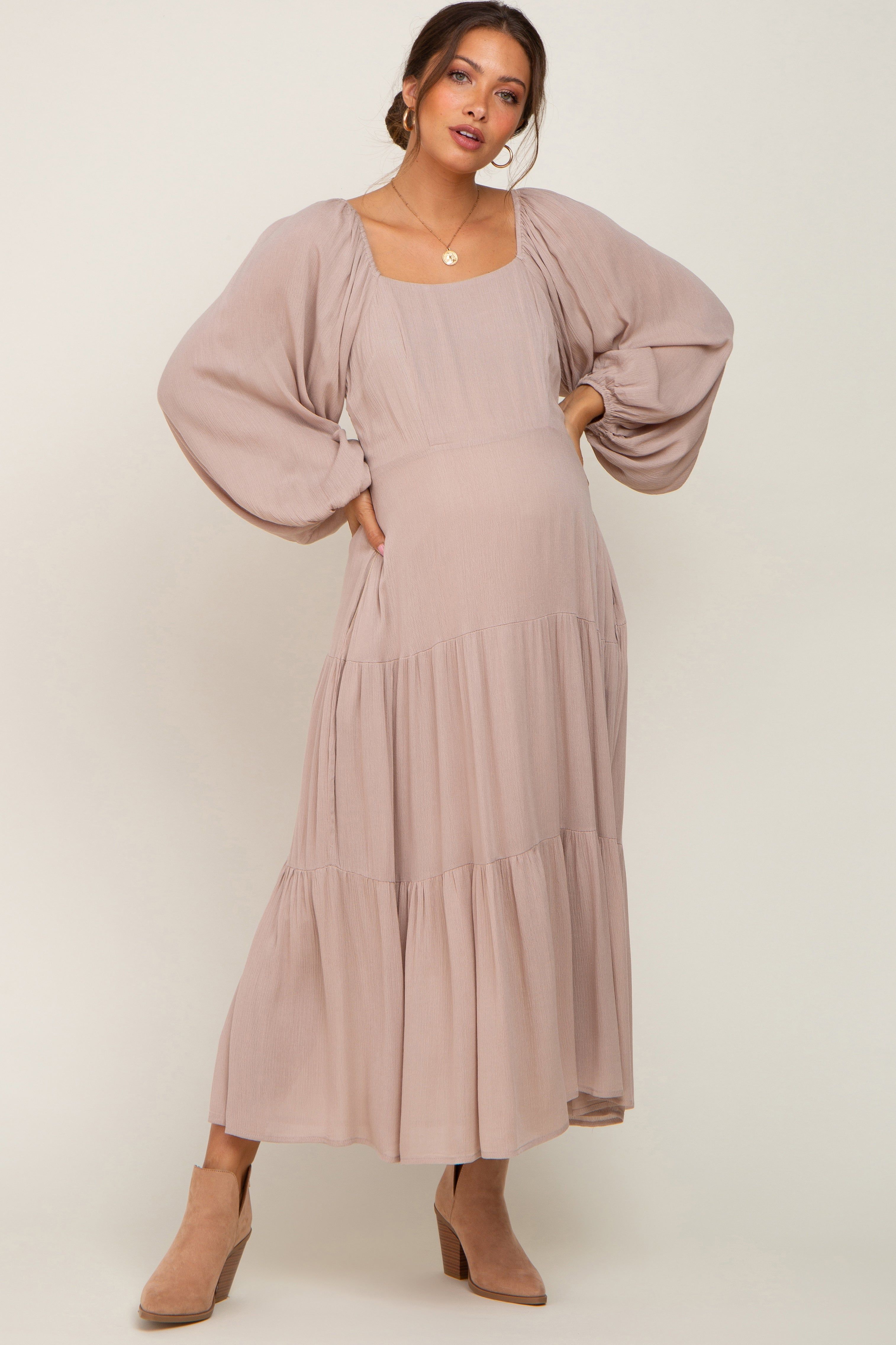 Taupe Tiered Maternity Midi Dress sold by Pinkblush
