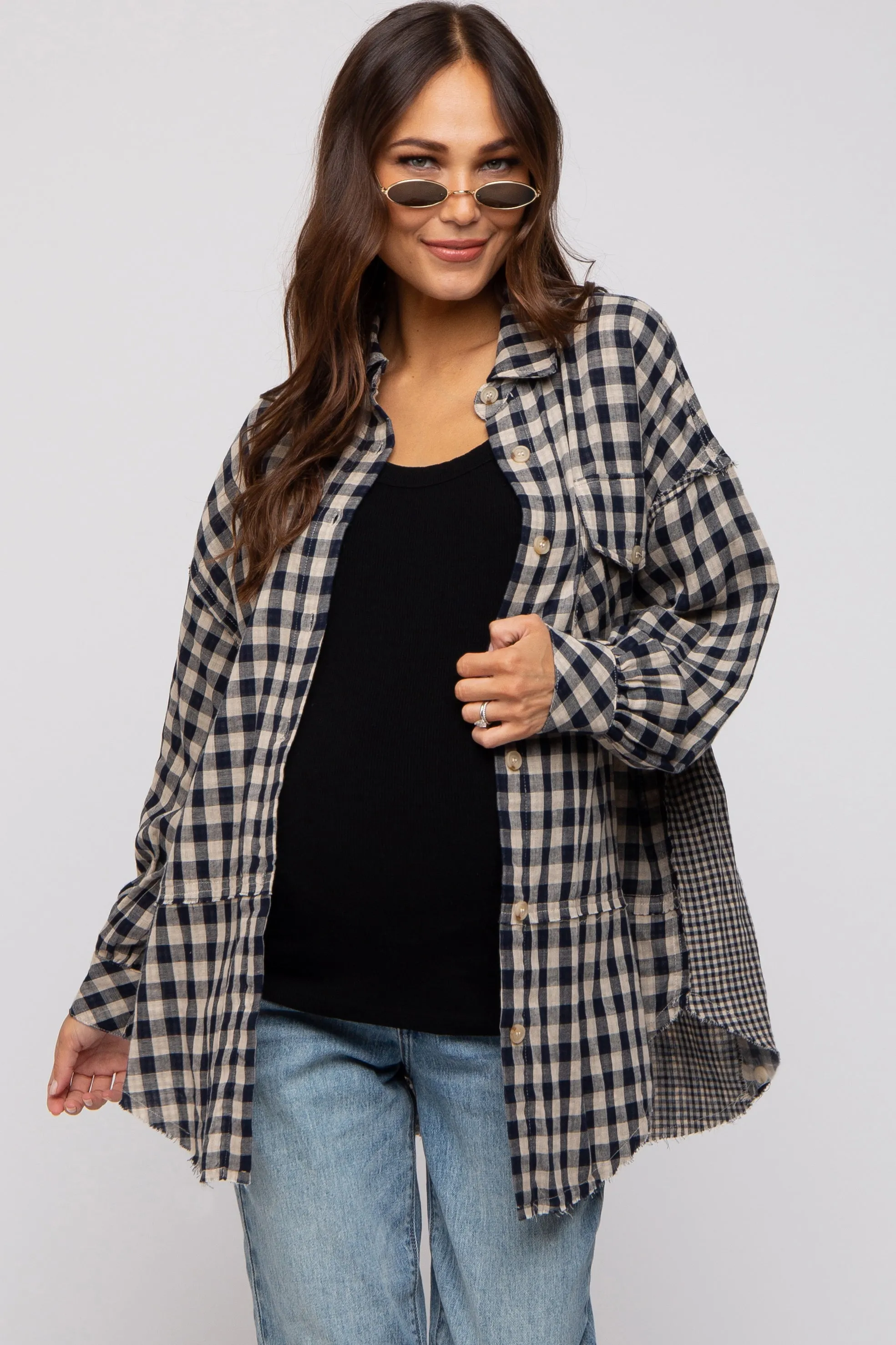 Navy Mixed Plaid Fringe Maternity Button Down Top sold by Pinkblush product image thumbnail 3