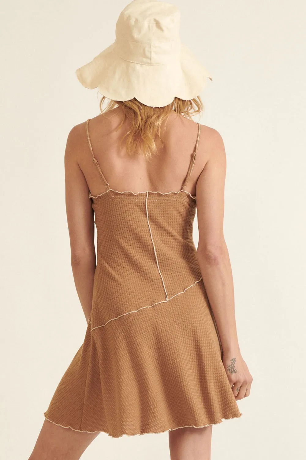 Coffee Waffle Knit Exposed Seam Cami Strap Mini Dress sold by Pinkblush product image thumbnail 3