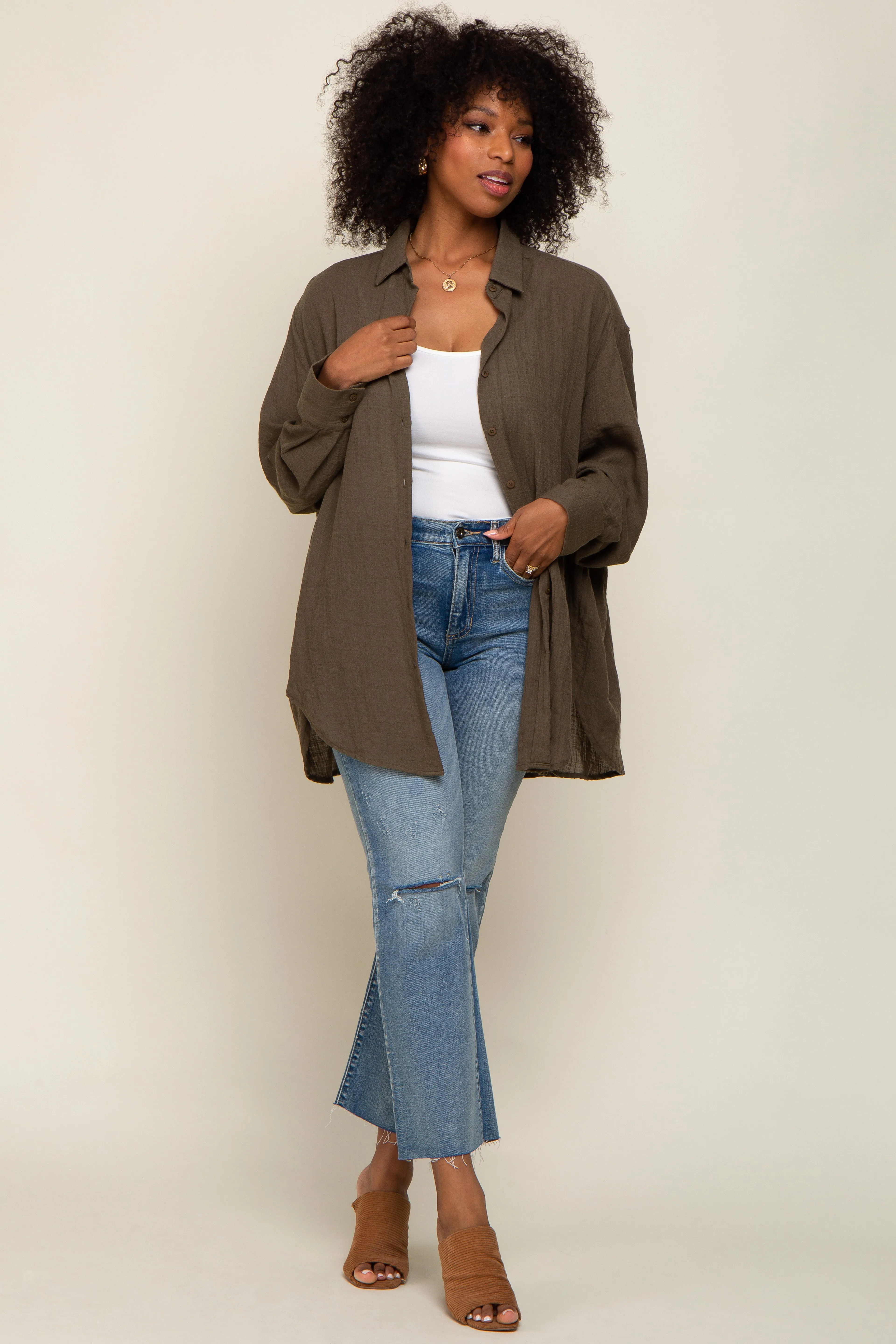 Brown Lightweight Sheer Button Down Blouse sold by Pinkblush product image thumbnail 4