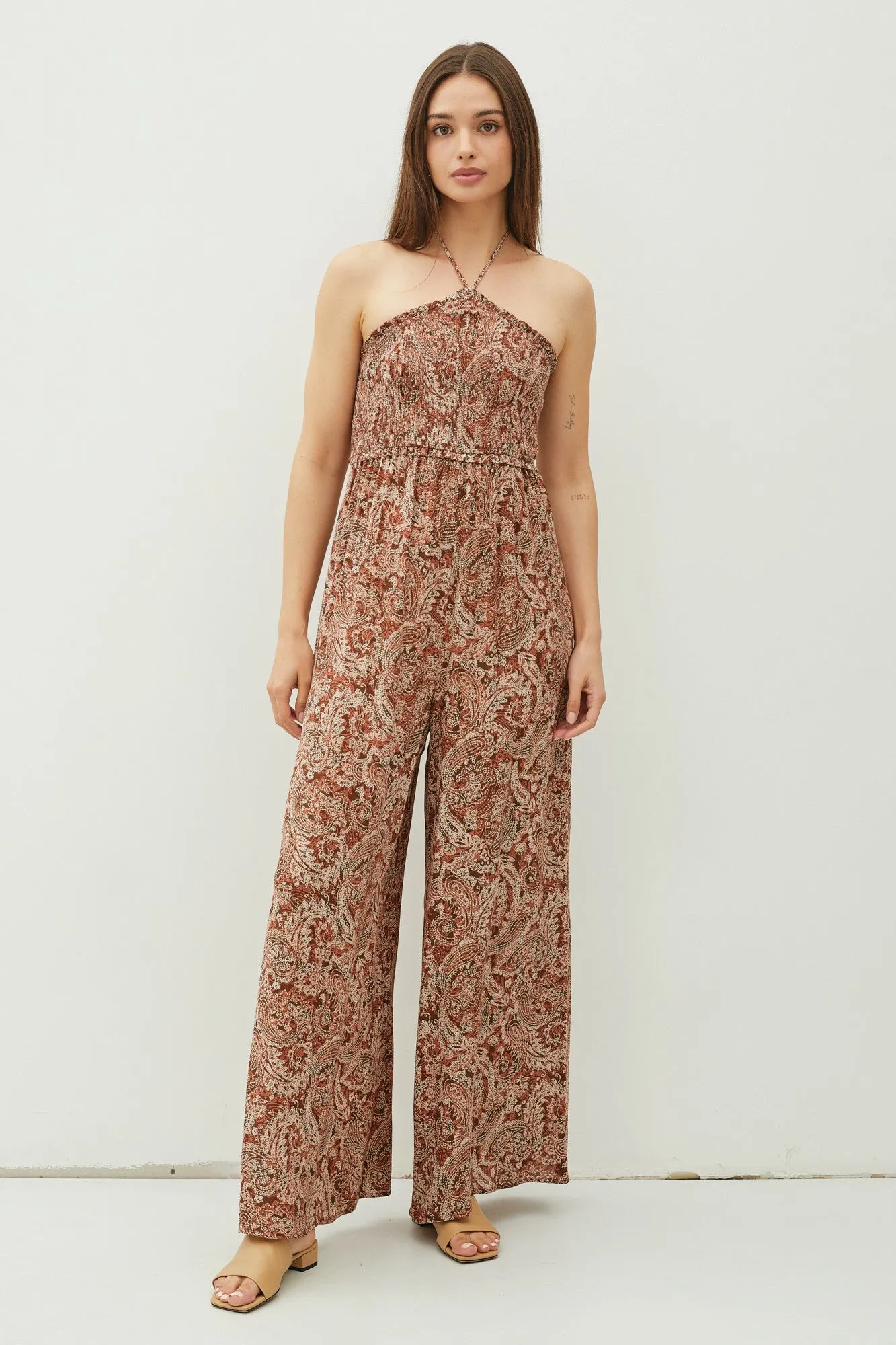 Rust Print Back Cutout Smocked Halter Wide Leg Jumpsuit sold by Pinkblush