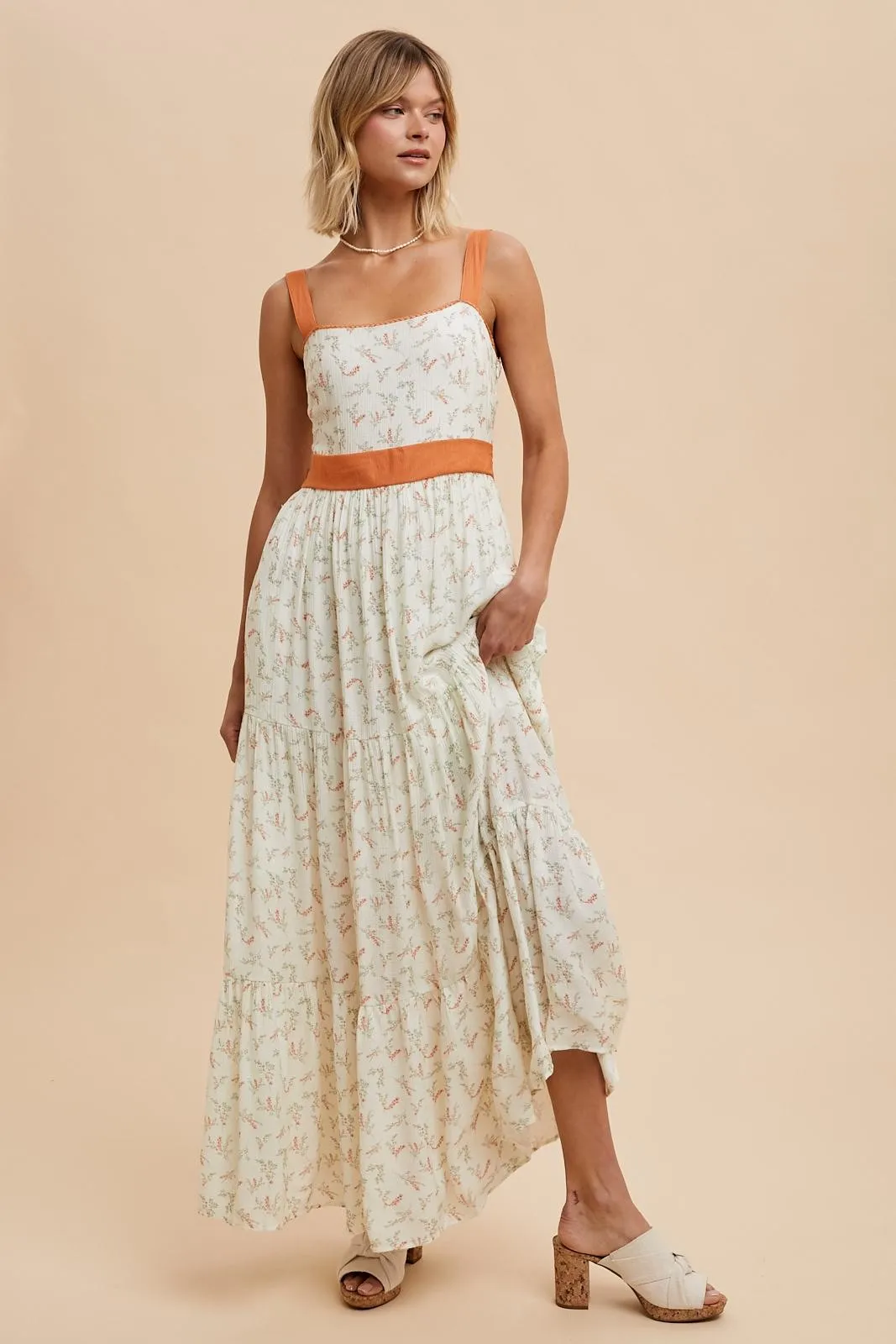Orange Floral Contrast Sash Tie Maxi Dress sold by Pinkblush
