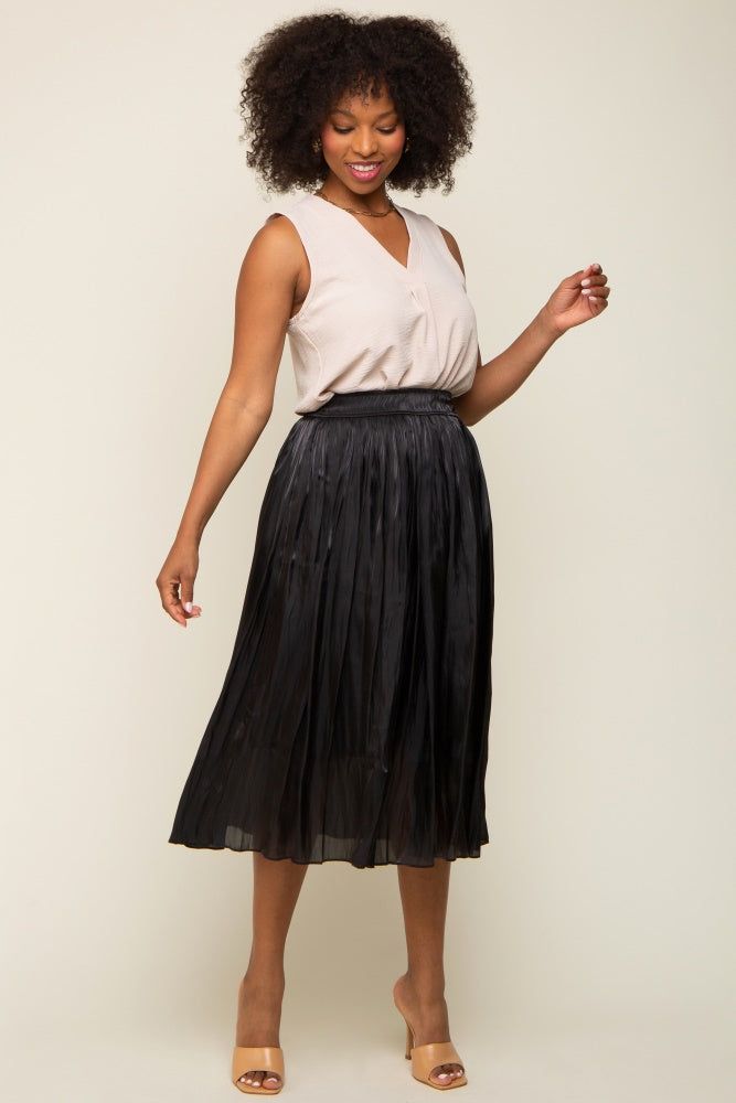 Black Pleated Shimmer Satin Maternity Midi Skirt sold by Pinkblush product image thumbnail 6