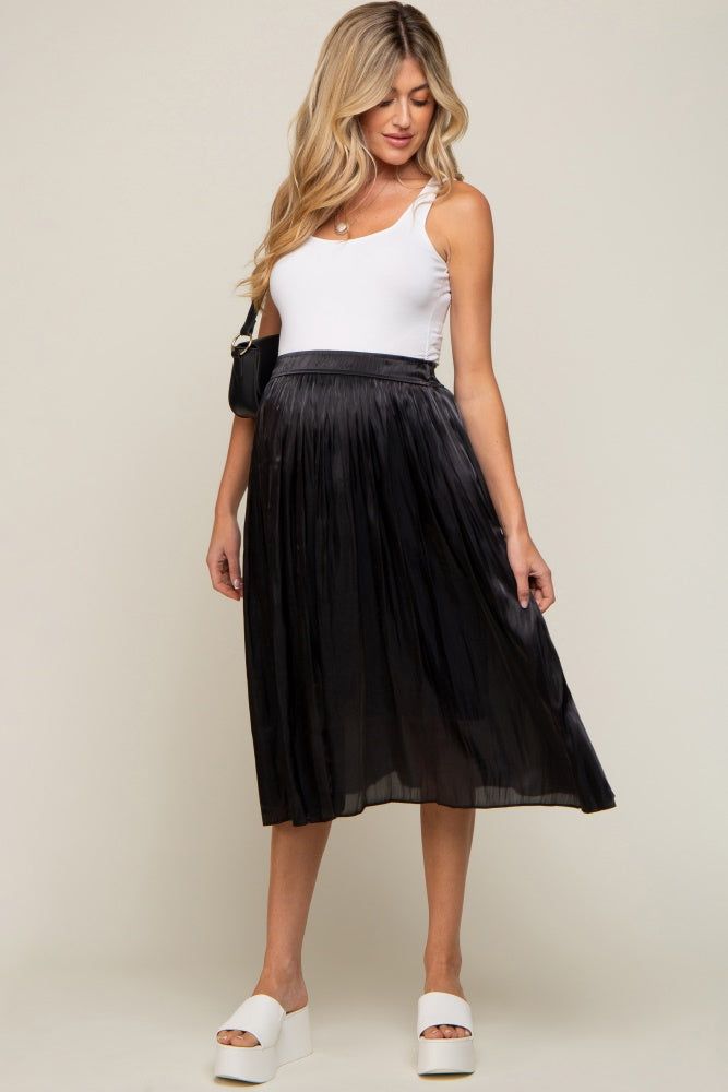 Black Pleated Shimmer Satin Maternity Midi Skirt sold by Pinkblush