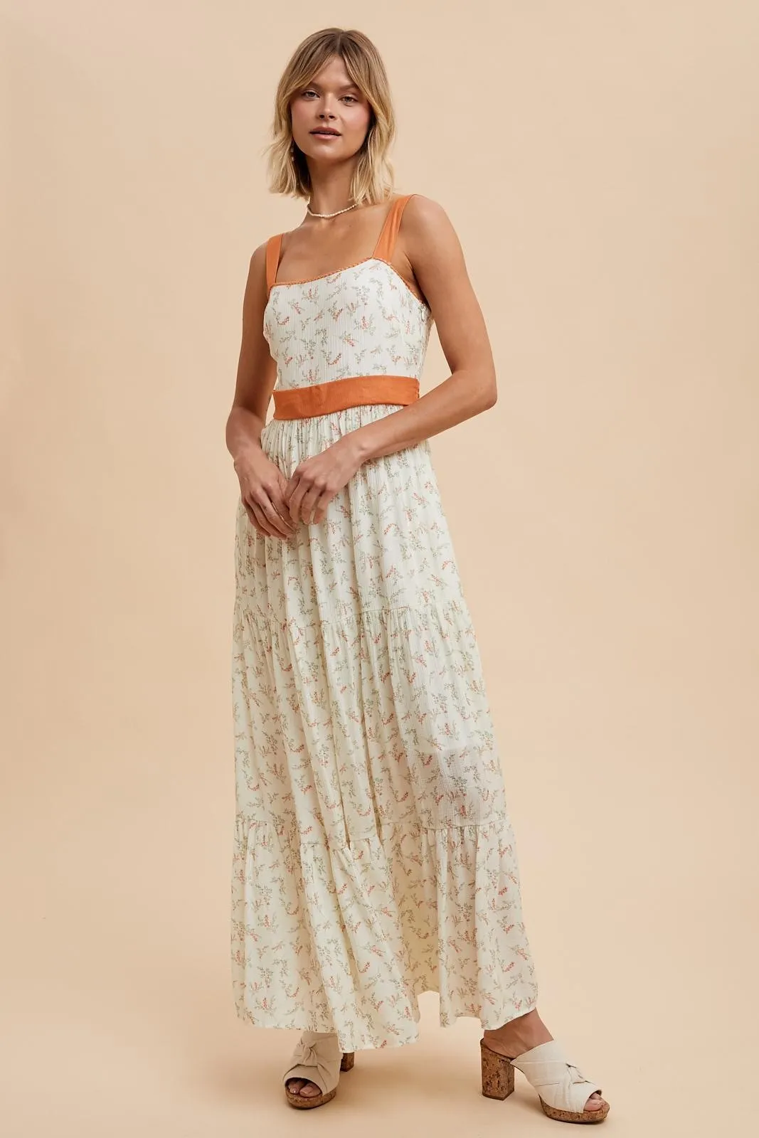 Orange Floral Contrast Sash Tie Maxi Dress sold by Pinkblush product image thumbnail 2