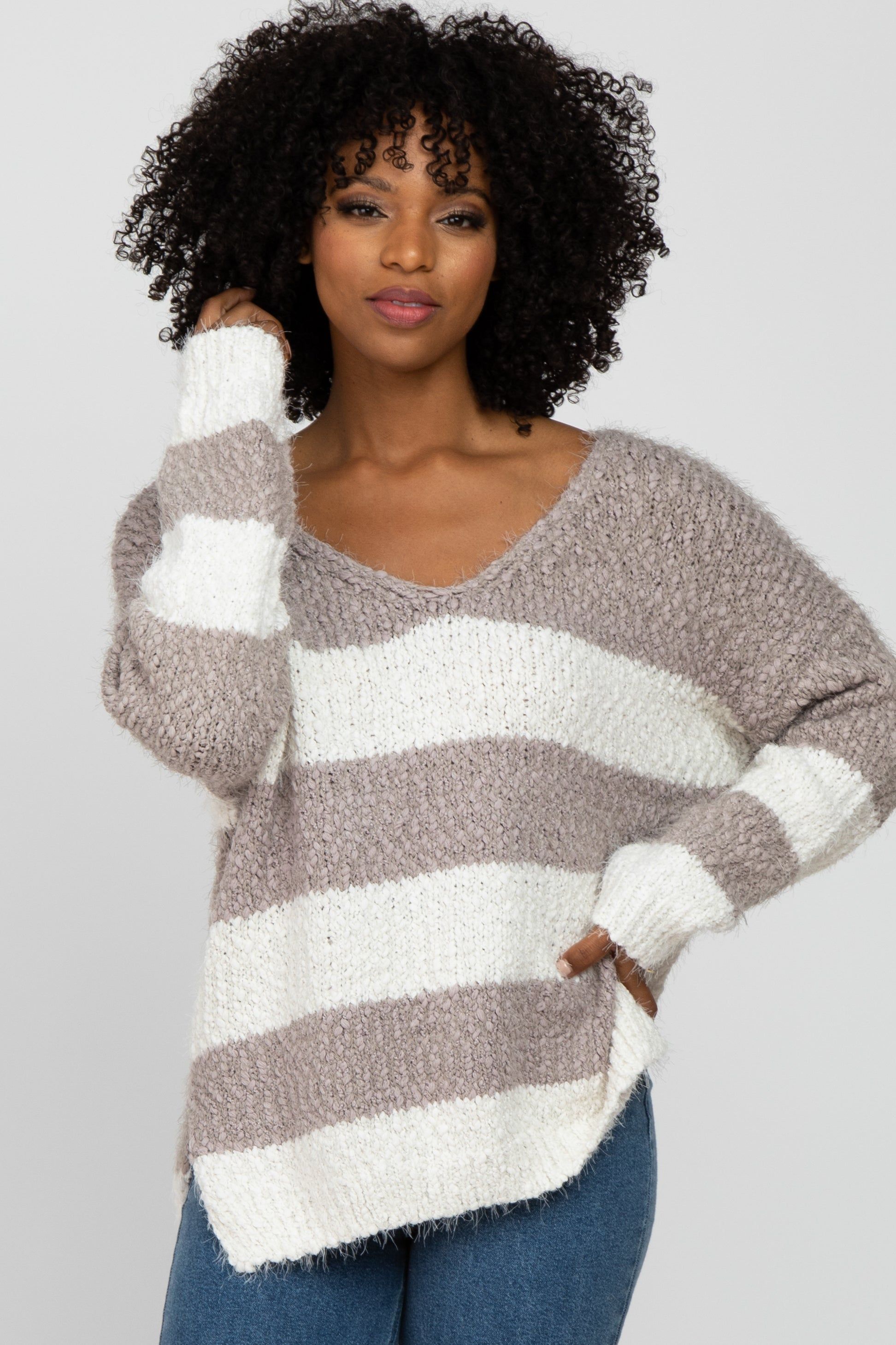 Mocha Striped V-Neck Eyelash Maternity Sweater sold by Pinkblush product image thumbnail 5