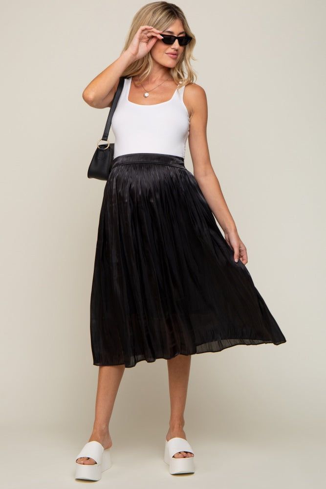 Black Pleated Shimmer Satin Maternity Midi Skirt sold by Pinkblush product image thumbnail 5
