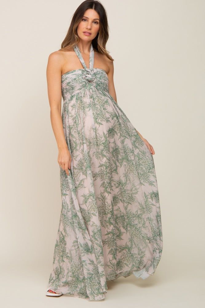 Green Floral Halter Chiffon Maternity Maxi Dress sold by Pinkblush product image thumbnail 4