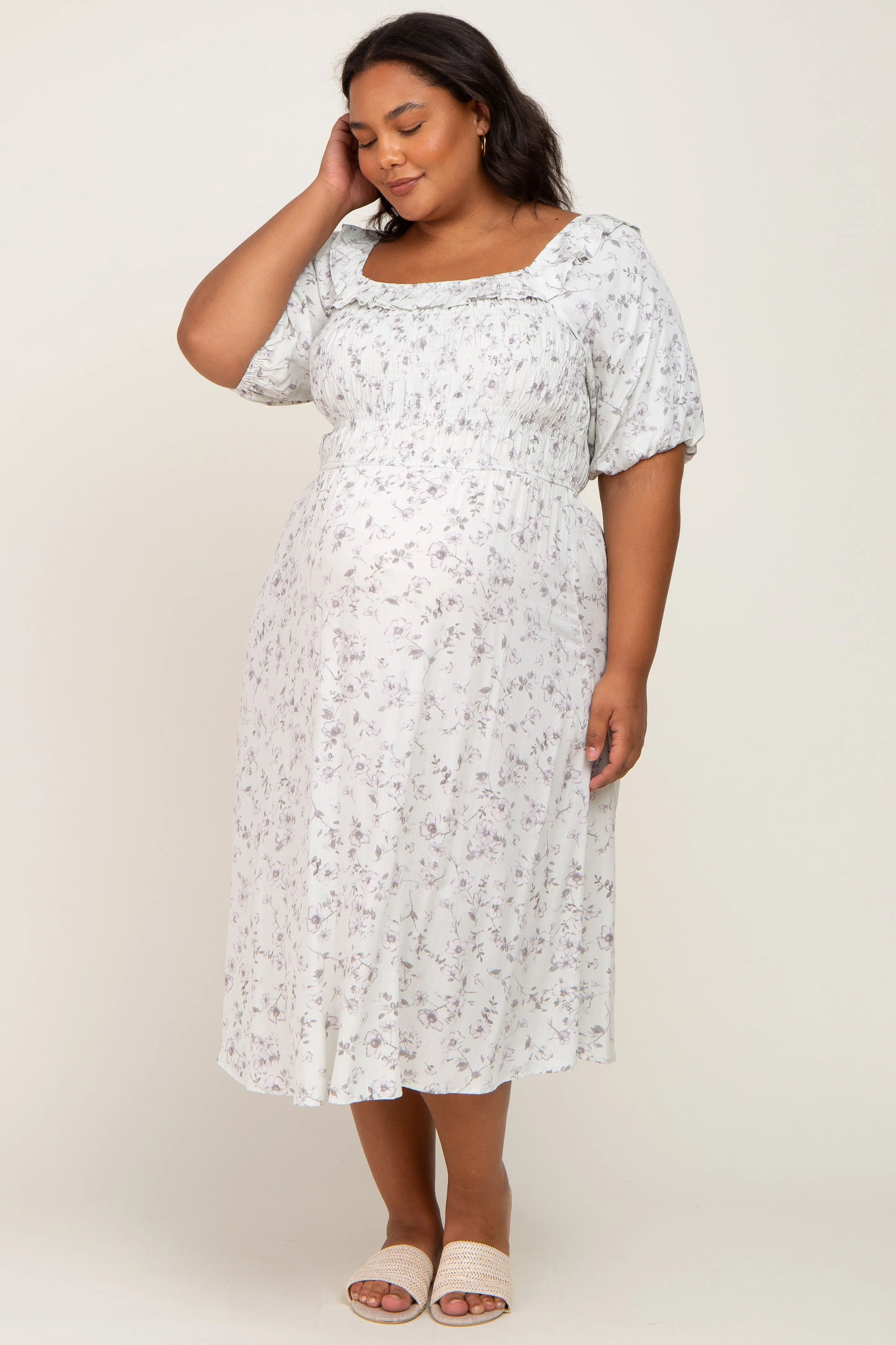 Mint Green Floral Smocked Puff Sleeve Maternity Plus Midi Dress sold by Pinkblush