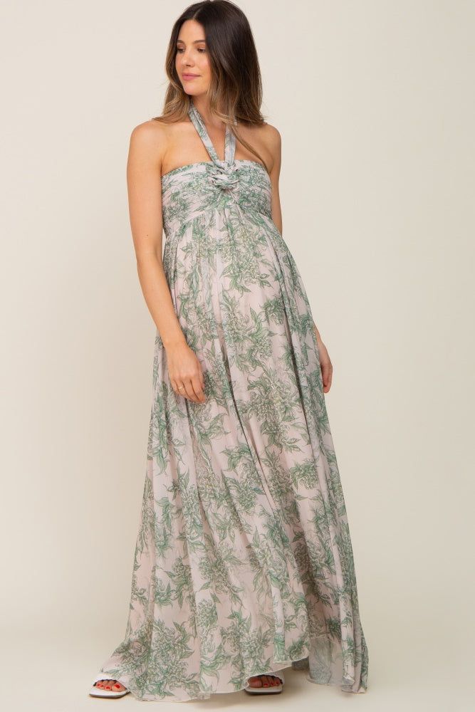 Green Floral Halter Chiffon Maternity Maxi Dress sold by Pinkblush