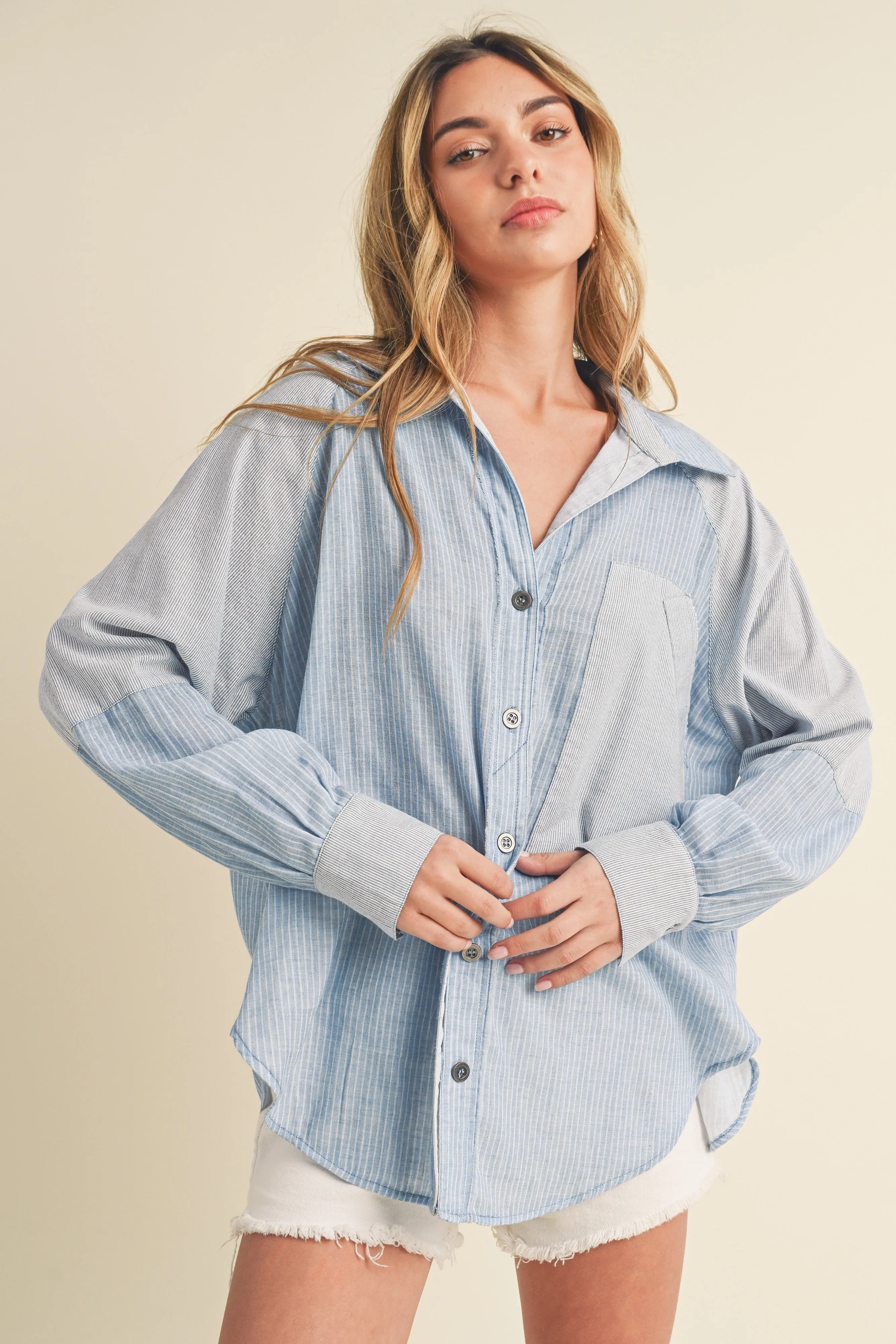 Light Blue Striped Colorblock Button Up Top sold by Pinkblush product image thumbnail 2