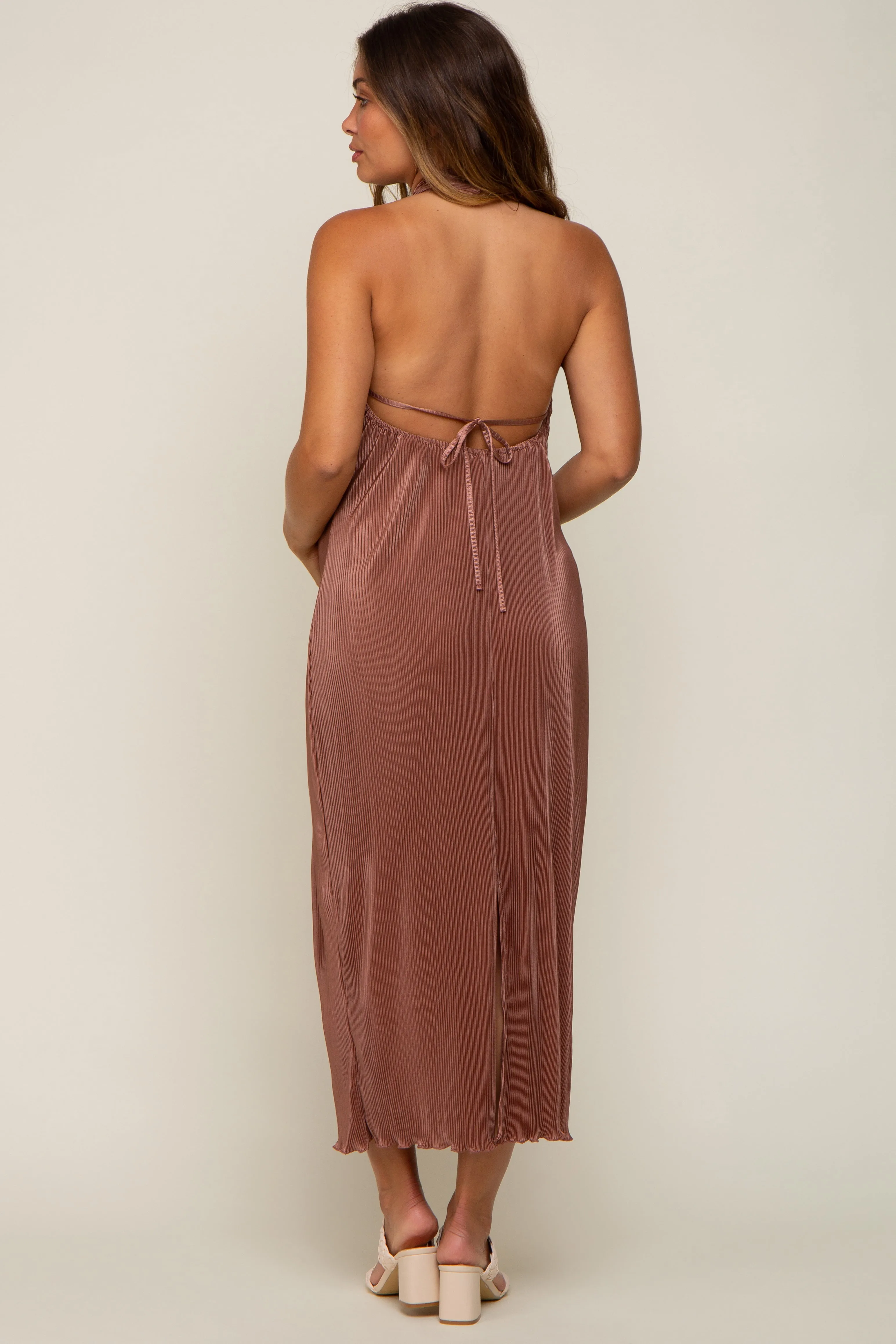 Mocha Knot Front Plisse Halter Maternity Midi Dress sold by Pinkblush product image thumbnail 4