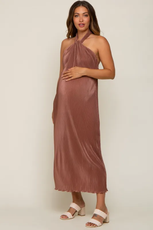 Mocha Knot Front Plisse Halter Maternity Midi Dress sold by Pinkblush