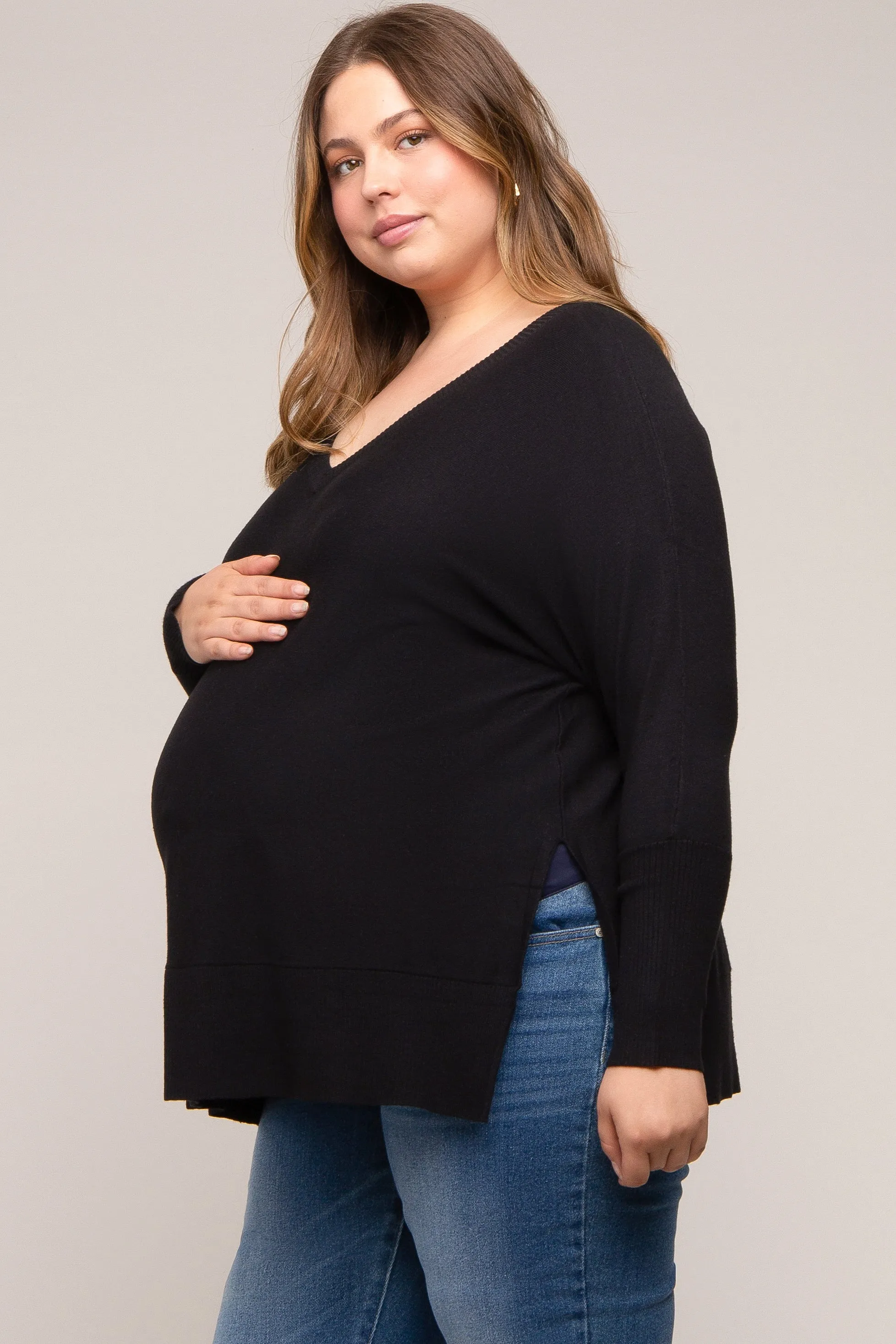 Black Knit Long Dolman Sleeve Plus Maternity Top sold by Pinkblush product image thumbnail 3