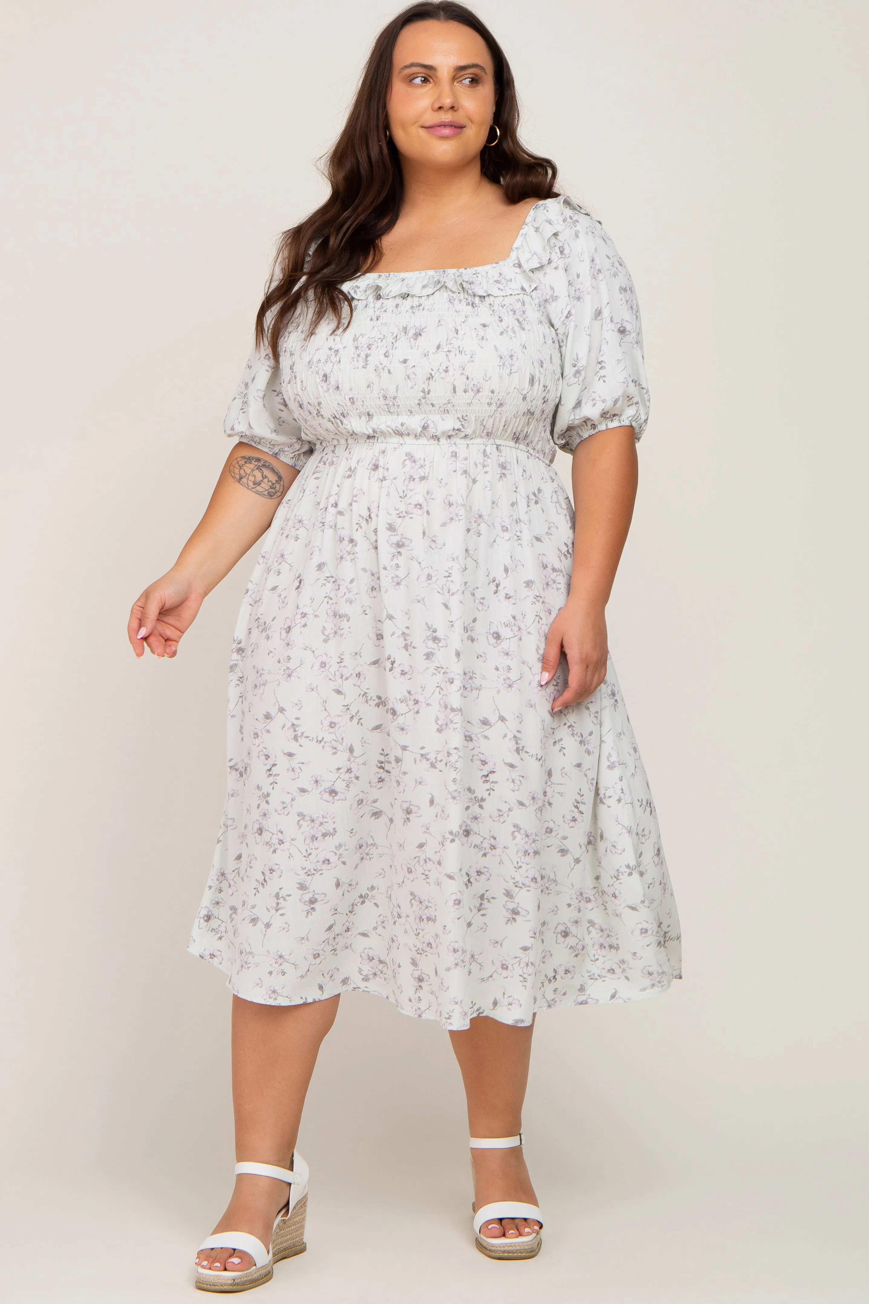 Mint Green Floral Smocked Puff Sleeve Maternity Plus Midi Dress sold by Pinkblush product image thumbnail 5