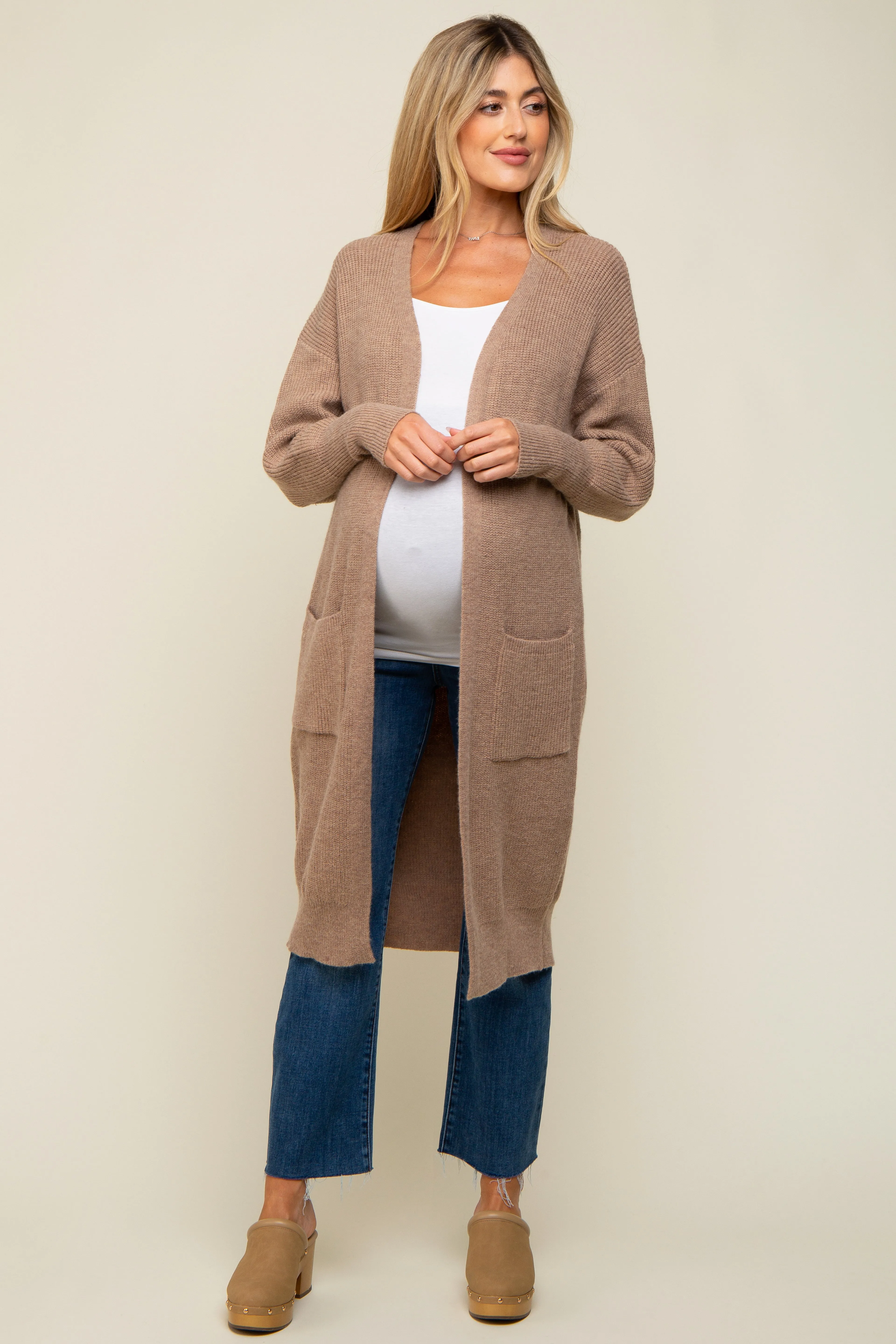 Taupe Chunky Knit Long Sweater Maternity Cardigan sold by Pinkblush product image thumbnail 4