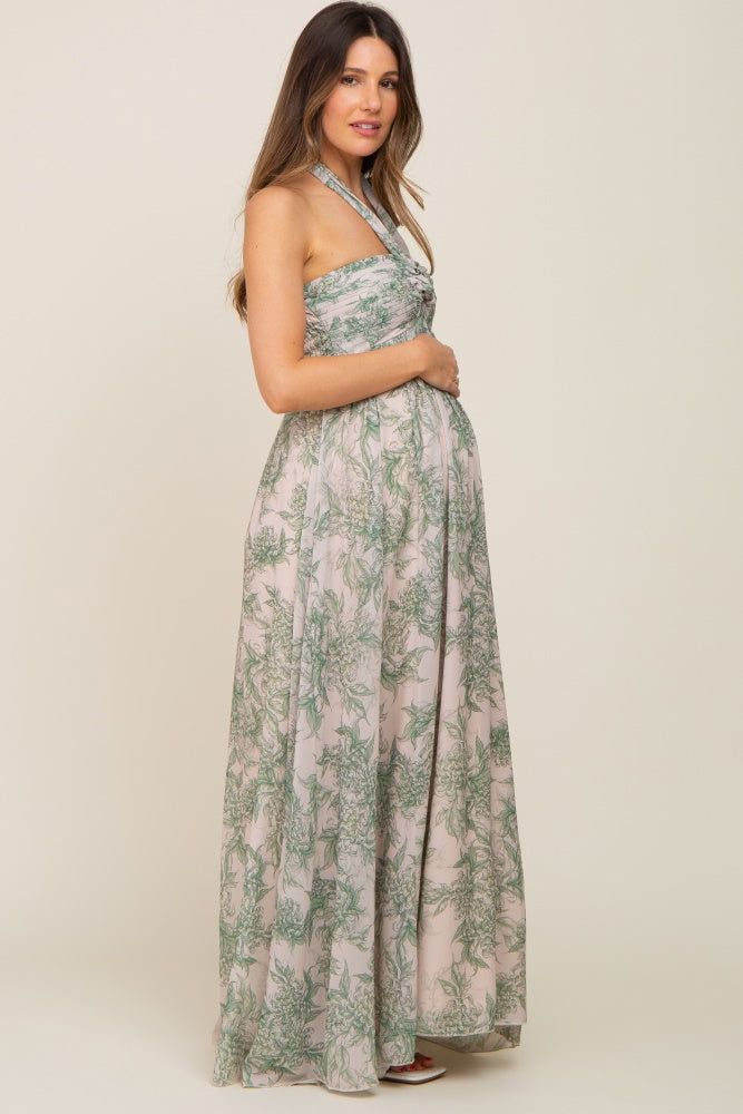 Green Floral Halter Chiffon Maternity Maxi Dress sold by Pinkblush product image thumbnail 2