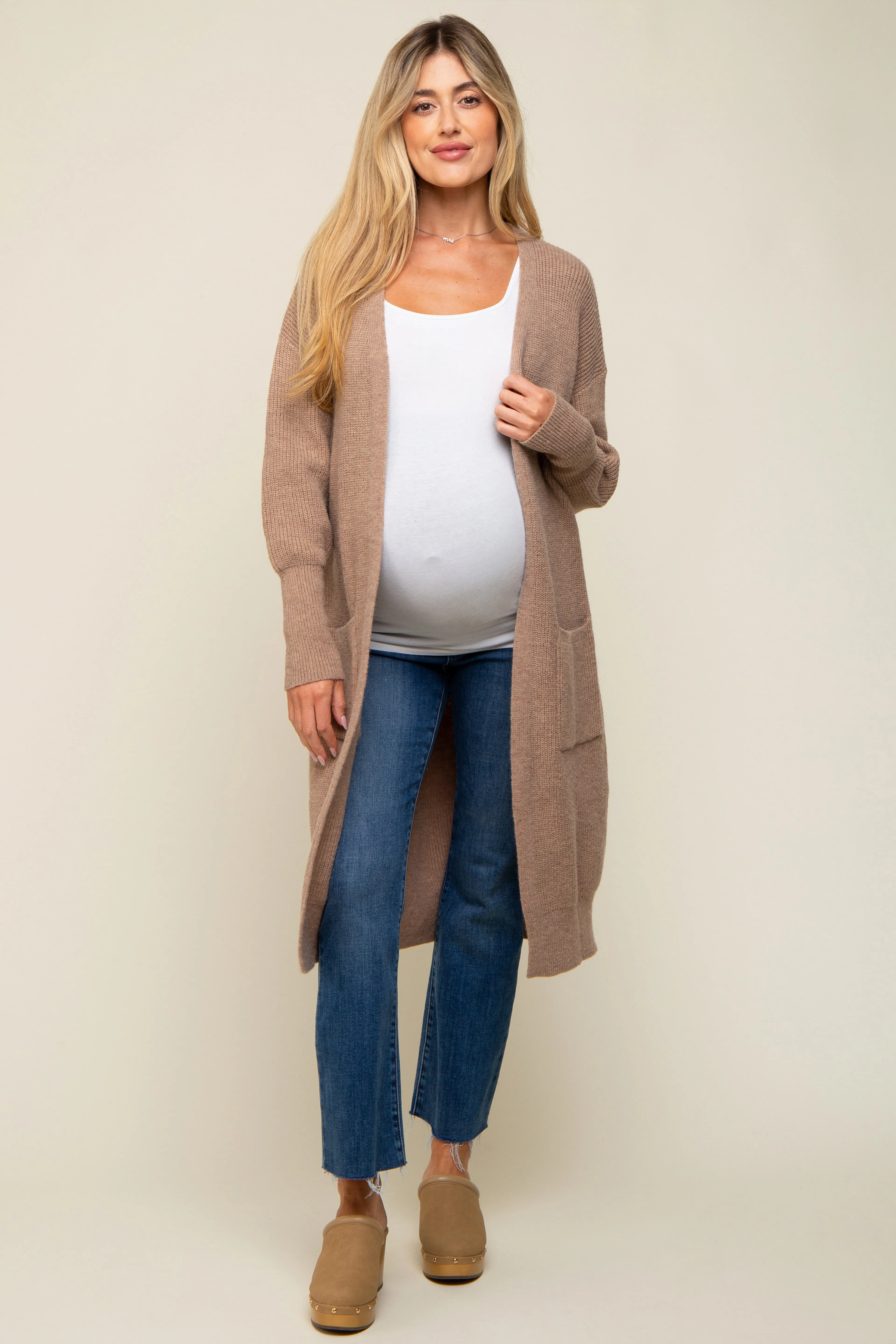 Taupe Chunky Knit Long Sweater Maternity Cardigan sold by Pinkblush