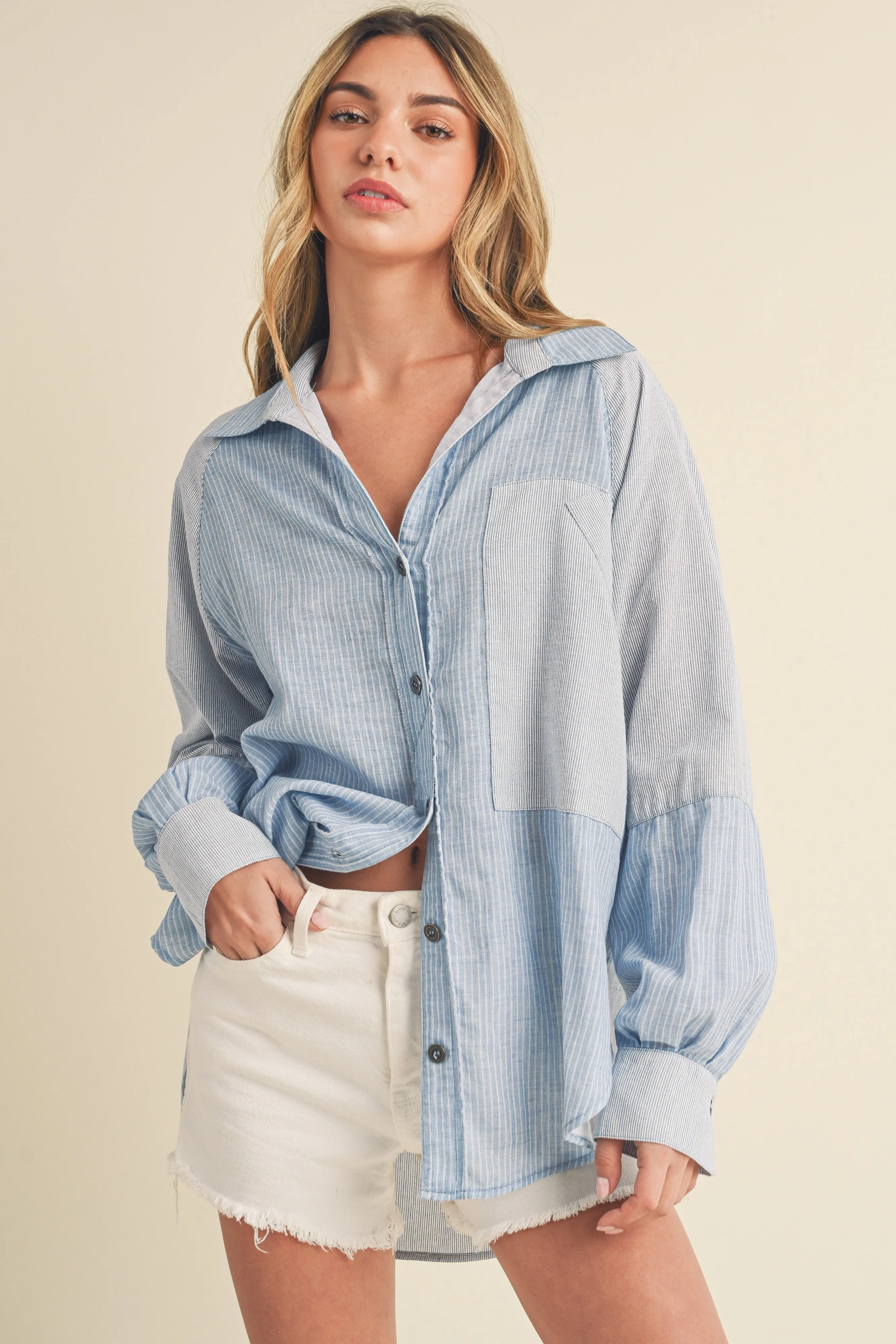 Light Blue Striped Colorblock Button Up Top sold by Pinkblush