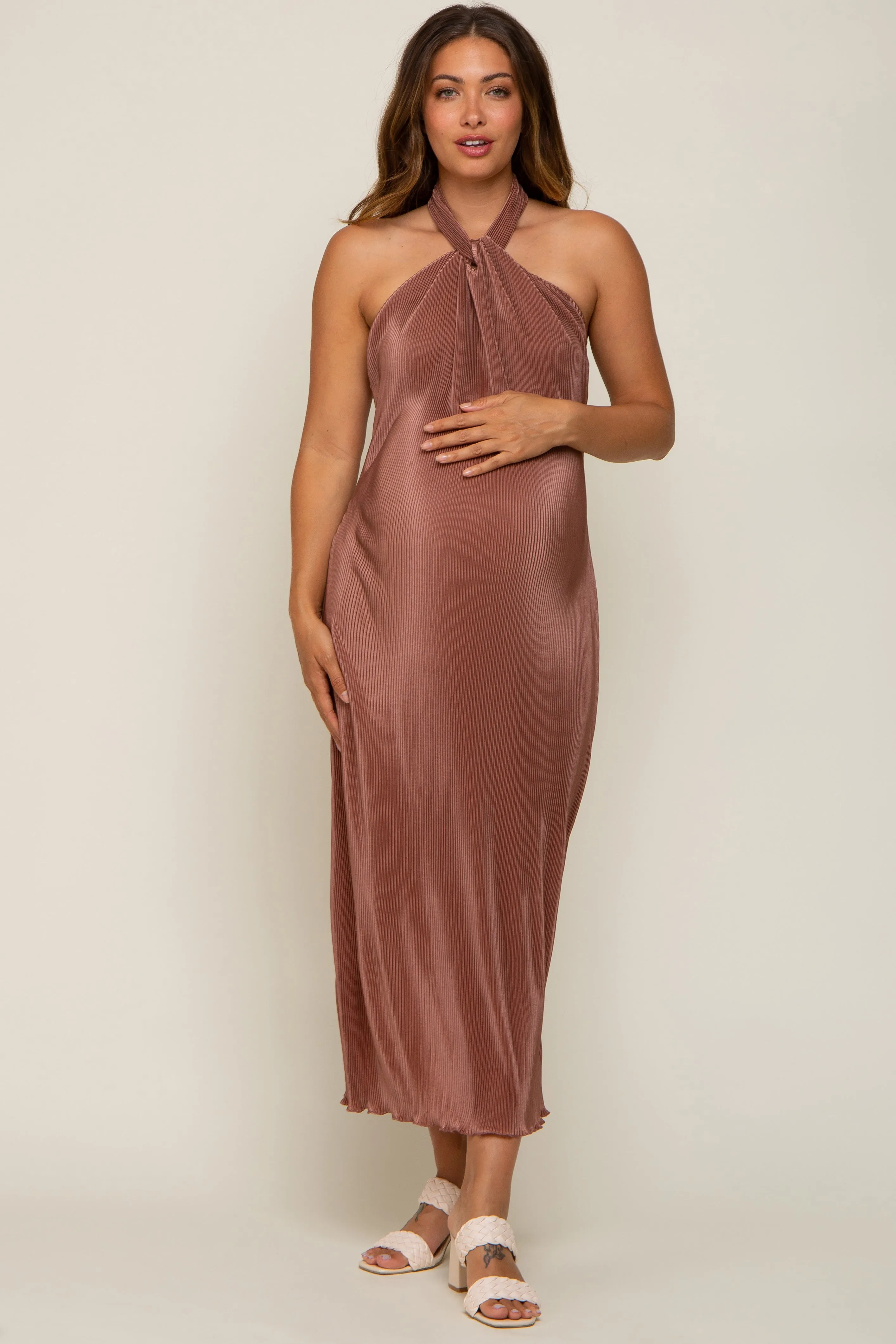Mocha Knot Front Plisse Halter Maternity Midi Dress sold by Pinkblush product image thumbnail 5