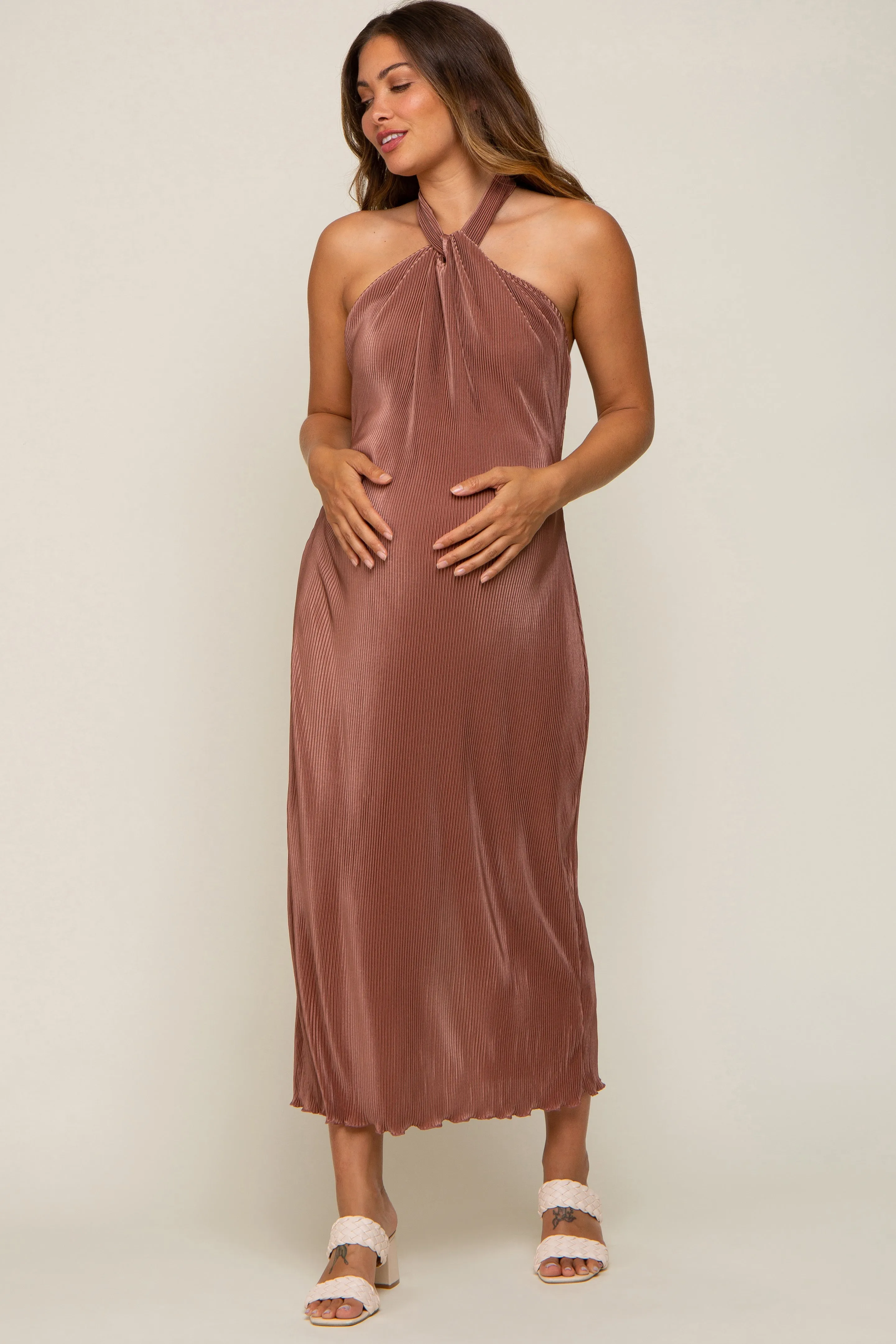 Mocha Knot Front Plisse Halter Maternity Midi Dress sold by Pinkblush product image thumbnail 2