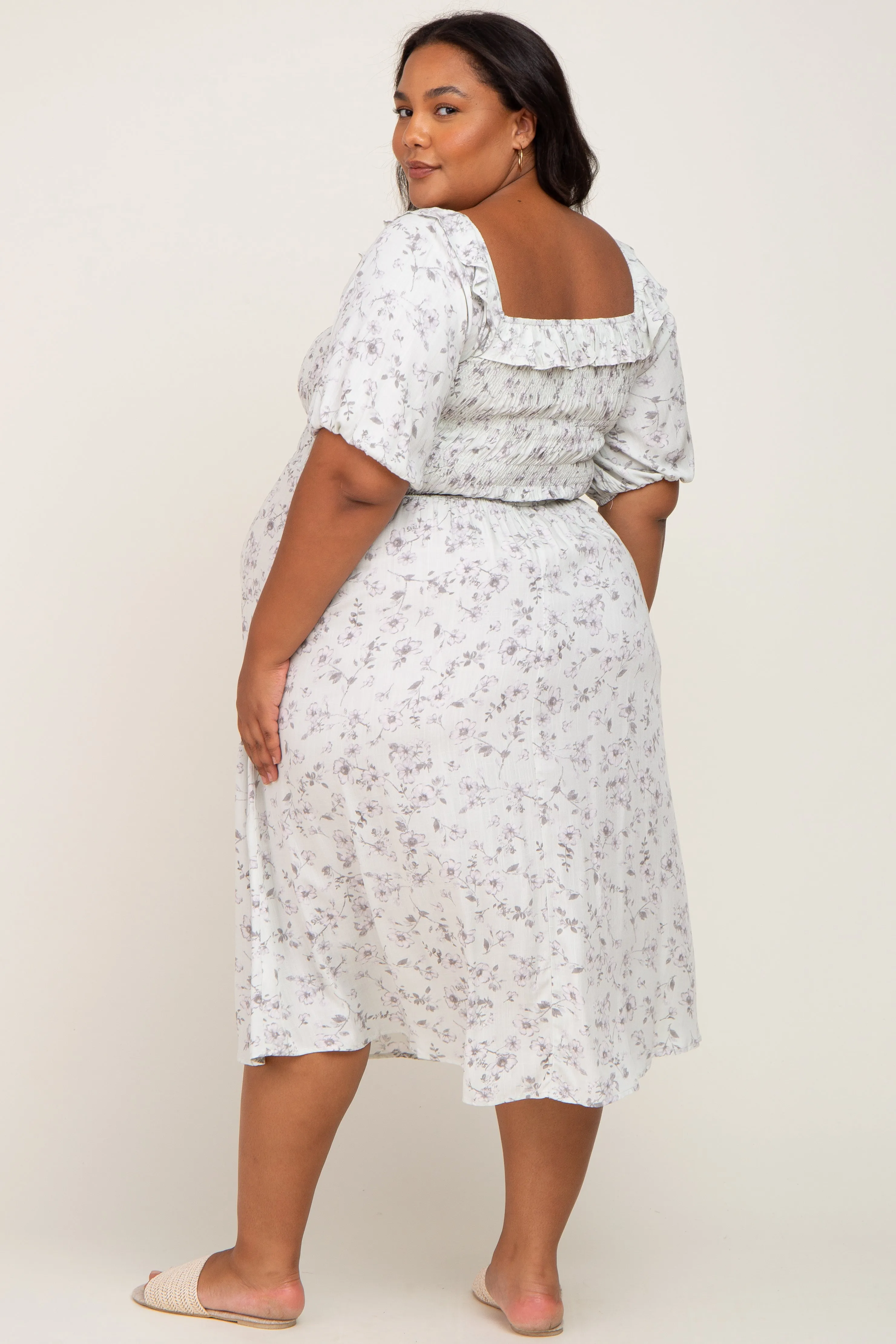 Mint Green Floral Smocked Puff Sleeve Maternity Plus Midi Dress sold by Pinkblush product image thumbnail 3