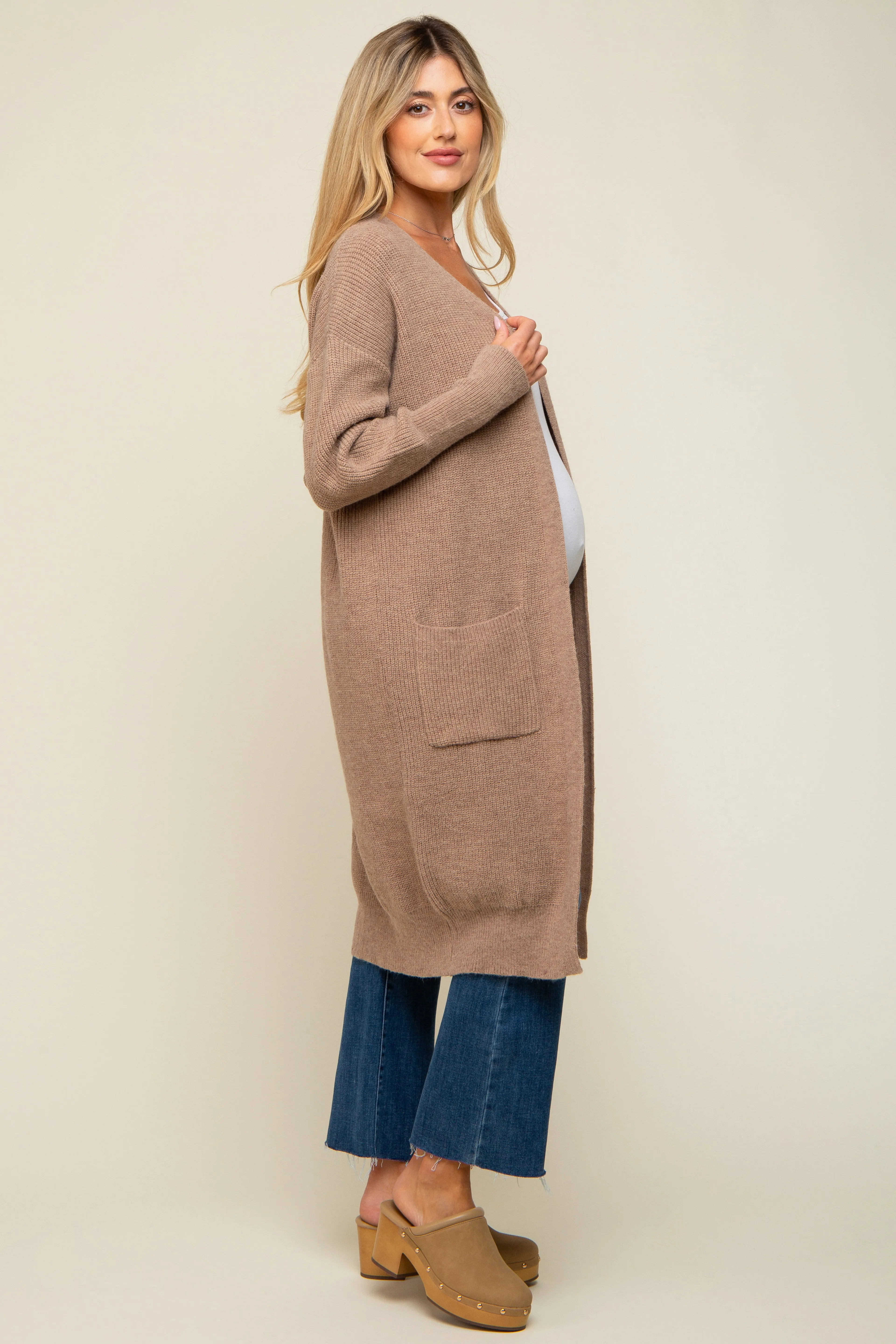 Taupe Chunky Knit Long Sweater Maternity Cardigan sold by Pinkblush product image thumbnail 2