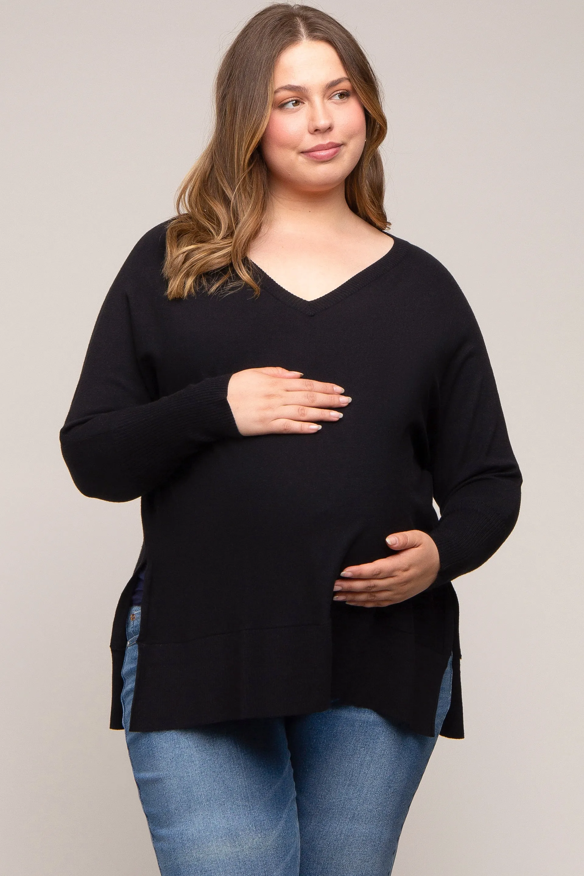 Black Knit Long Dolman Sleeve Plus Maternity Top sold by Pinkblush product image thumbnail 2