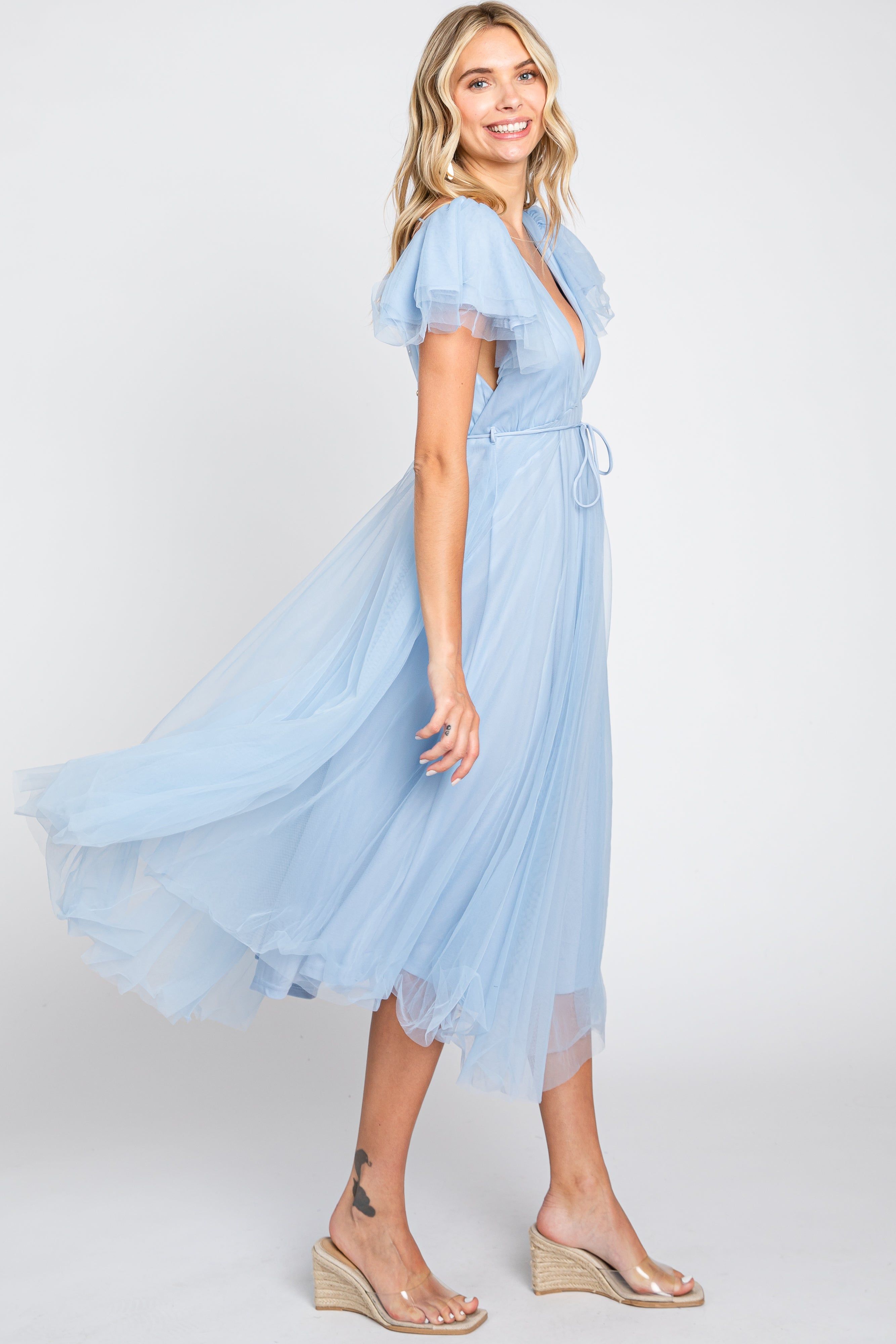Light Blue Tulle V-Neck Flutter Sleeve Midi Dress sold by Pinkblush product image thumbnail 2