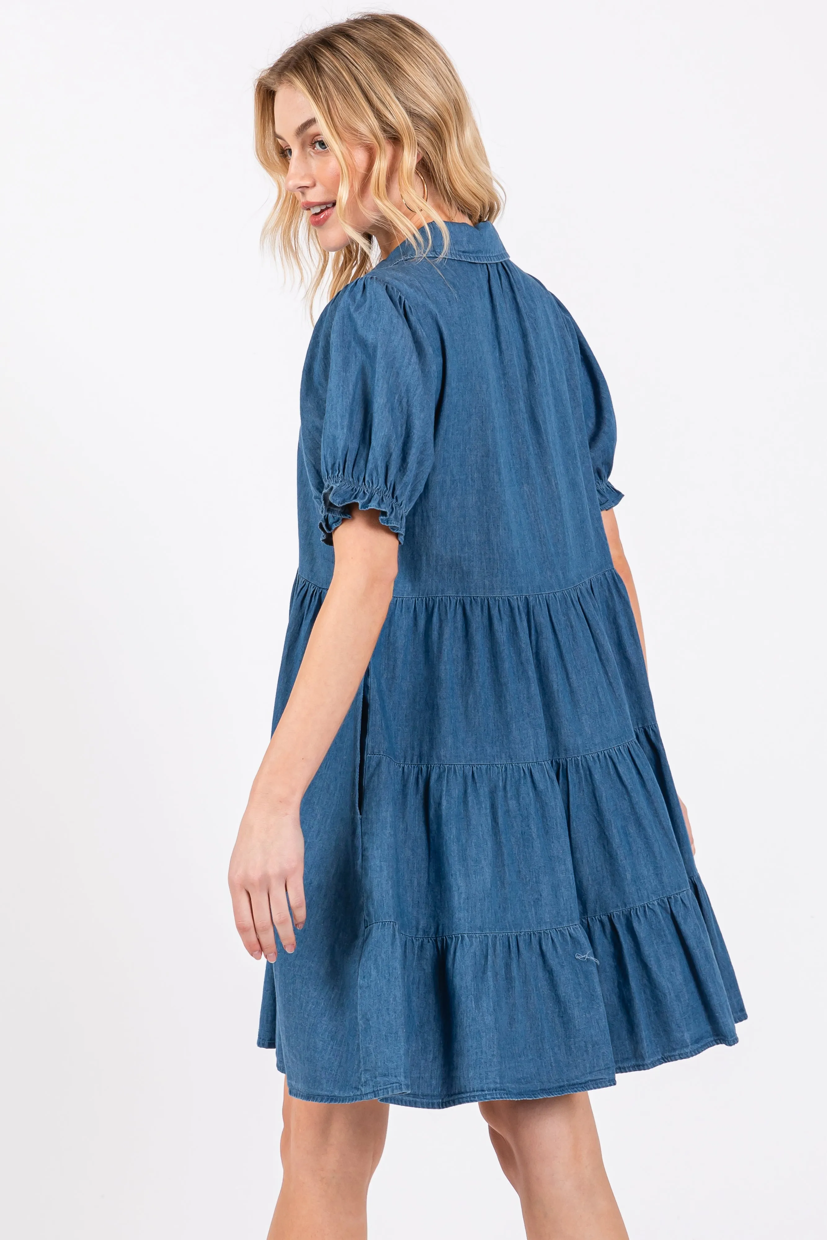 Blue Chambray Puff Sleeve Button Down Dress sold by Pinkblush product image thumbnail 3