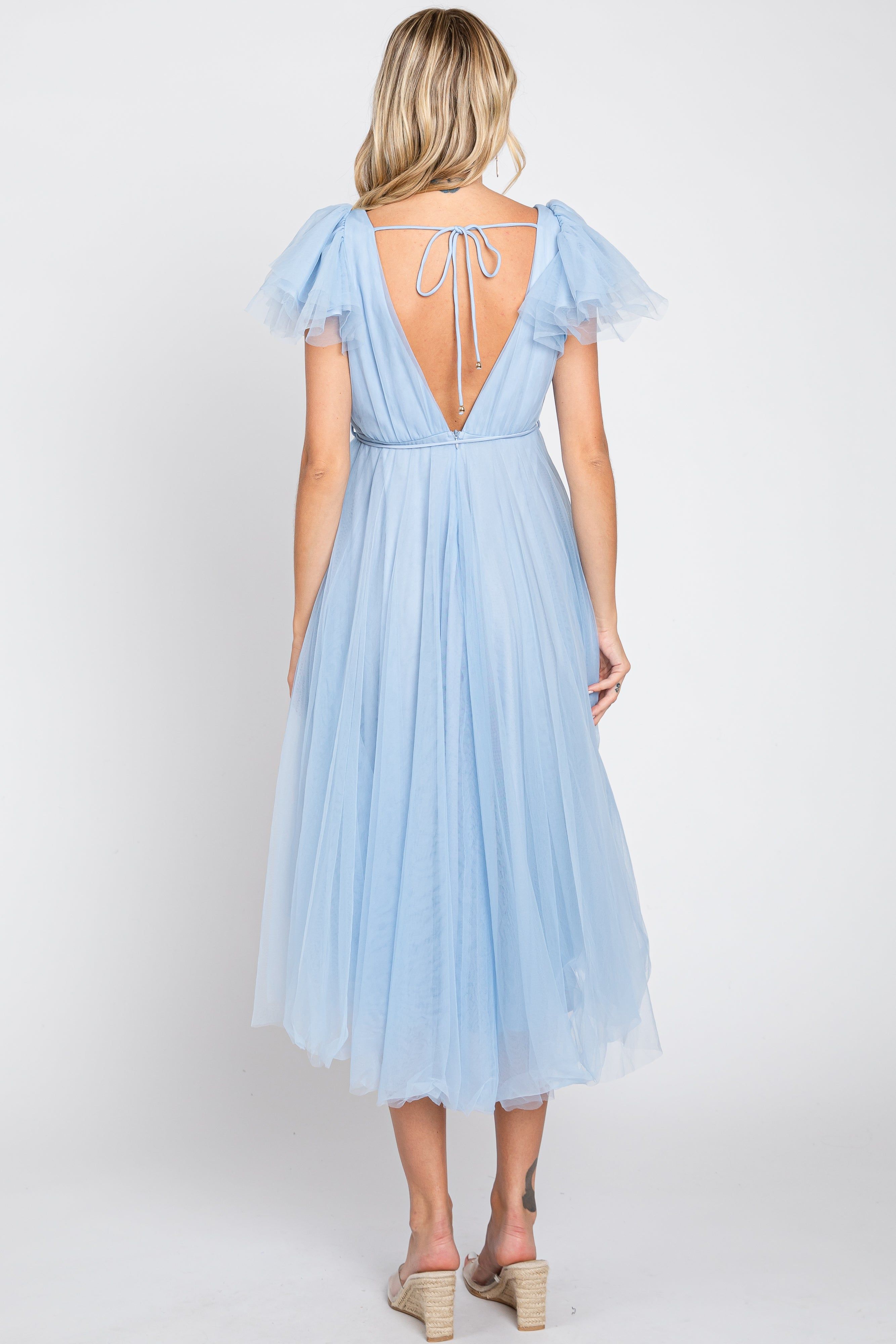 Light Blue Tulle V-Neck Flutter Sleeve Midi Dress sold by Pinkblush product image thumbnail 3