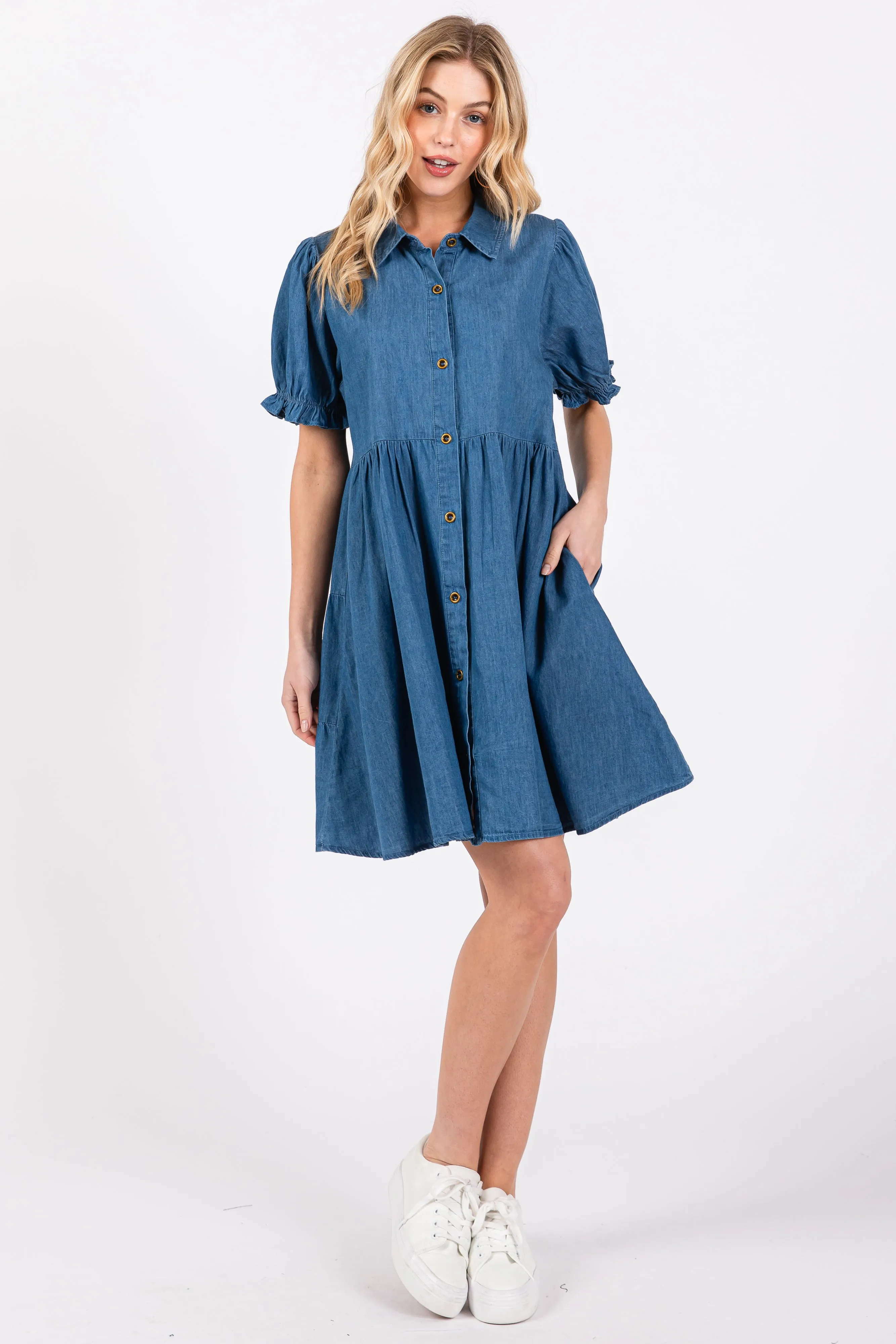 Blue Chambray Puff Sleeve Button Down Dress sold by Pinkblush product image thumbnail 4