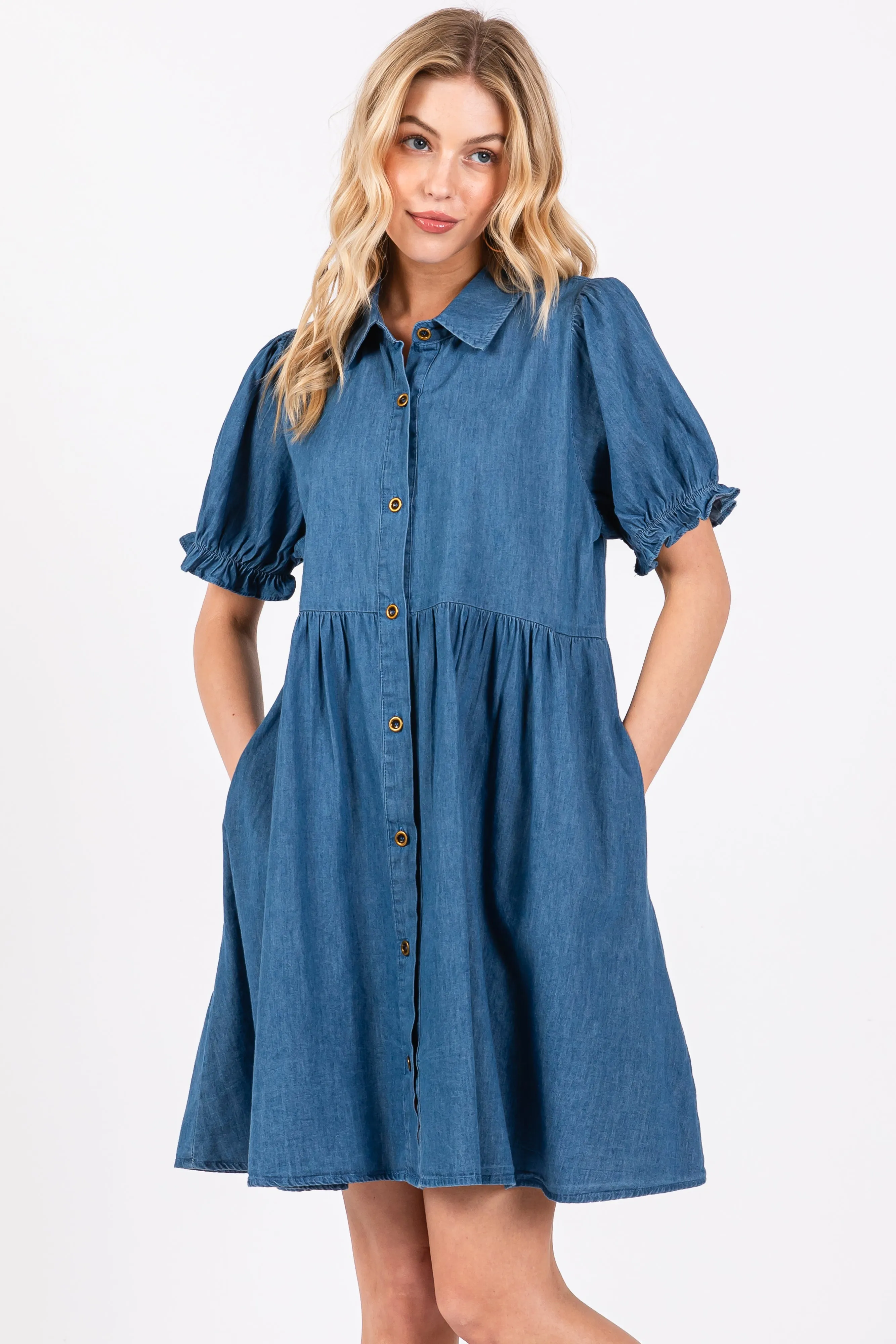 Blue Chambray Puff Sleeve Button Down Dress sold by Pinkblush
