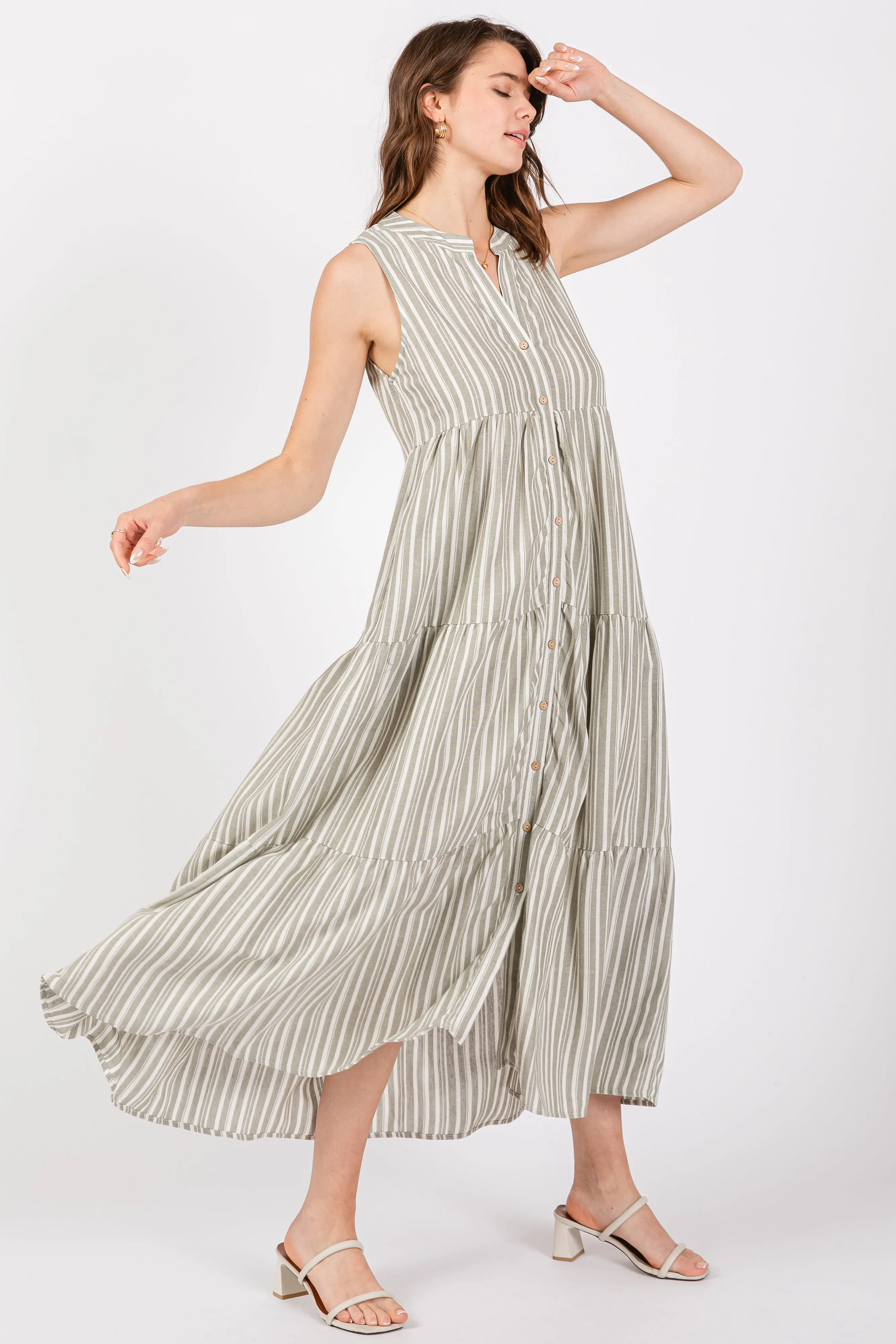 Sage Striped Sleeveless Tiered Linen Midi Dress sold by Pinkblush product image thumbnail 2