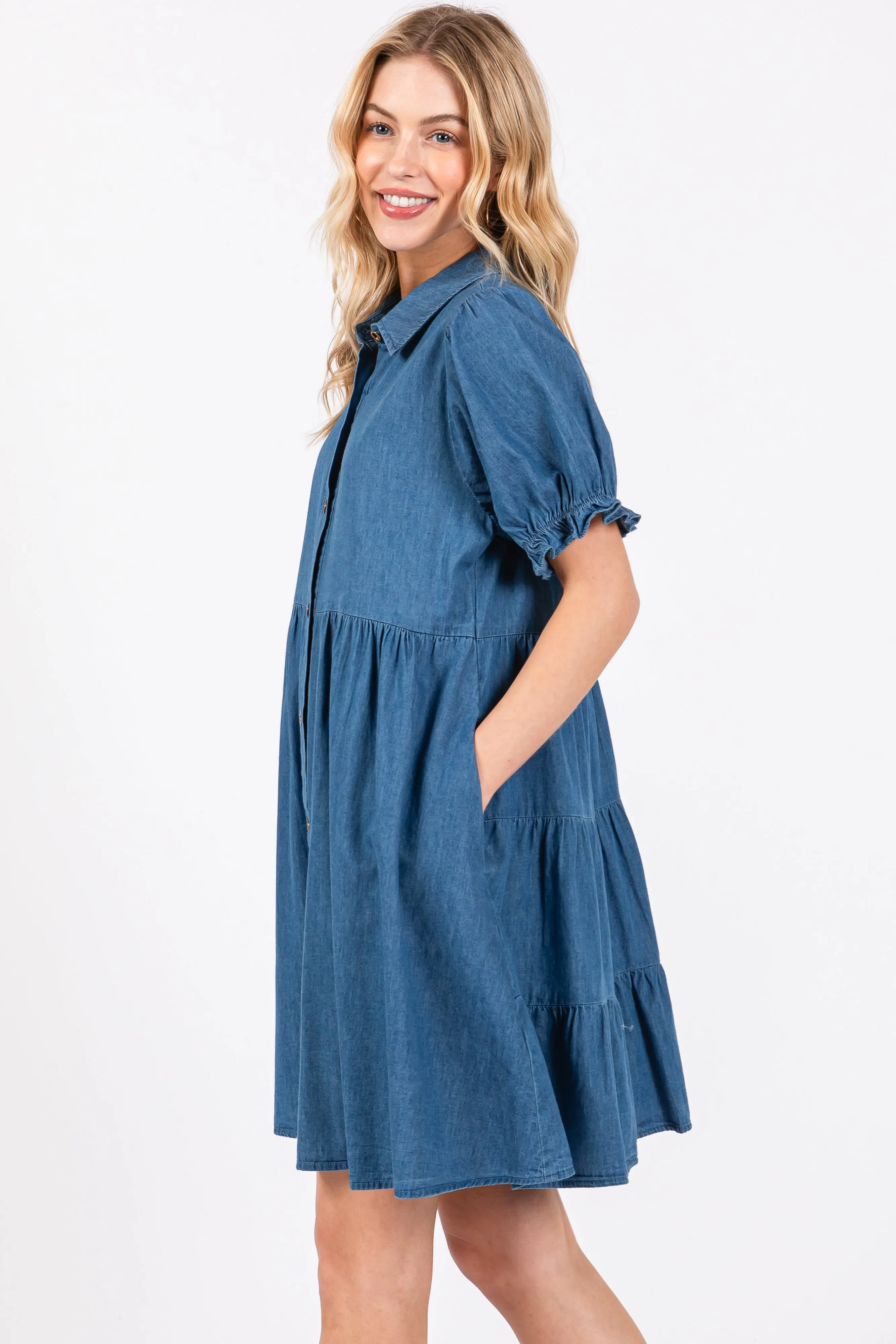 Blue Chambray Puff Sleeve Button Down Dress sold by Pinkblush product image thumbnail 2