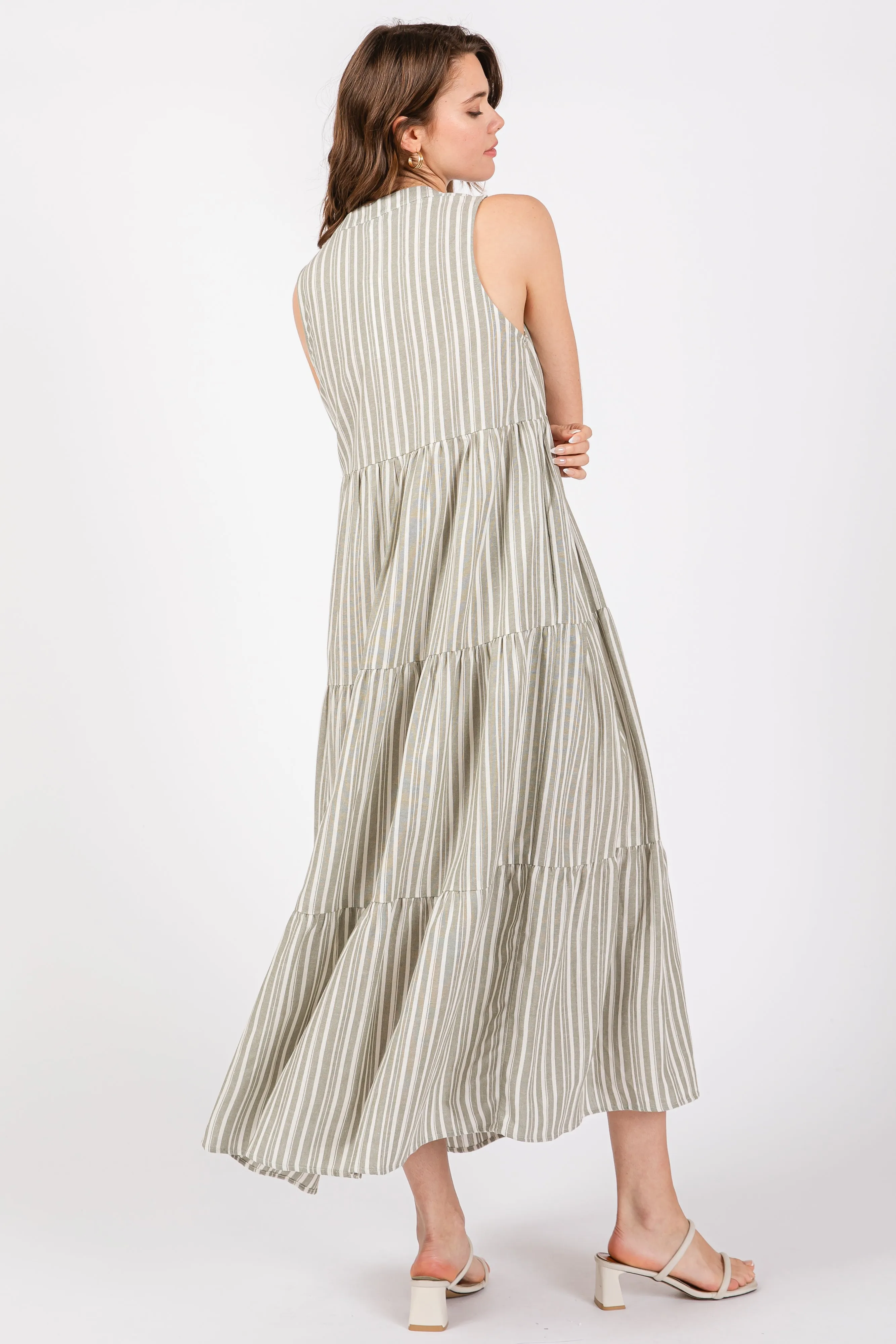 Sage Striped Sleeveless Tiered Linen Midi Dress sold by Pinkblush product image thumbnail 3